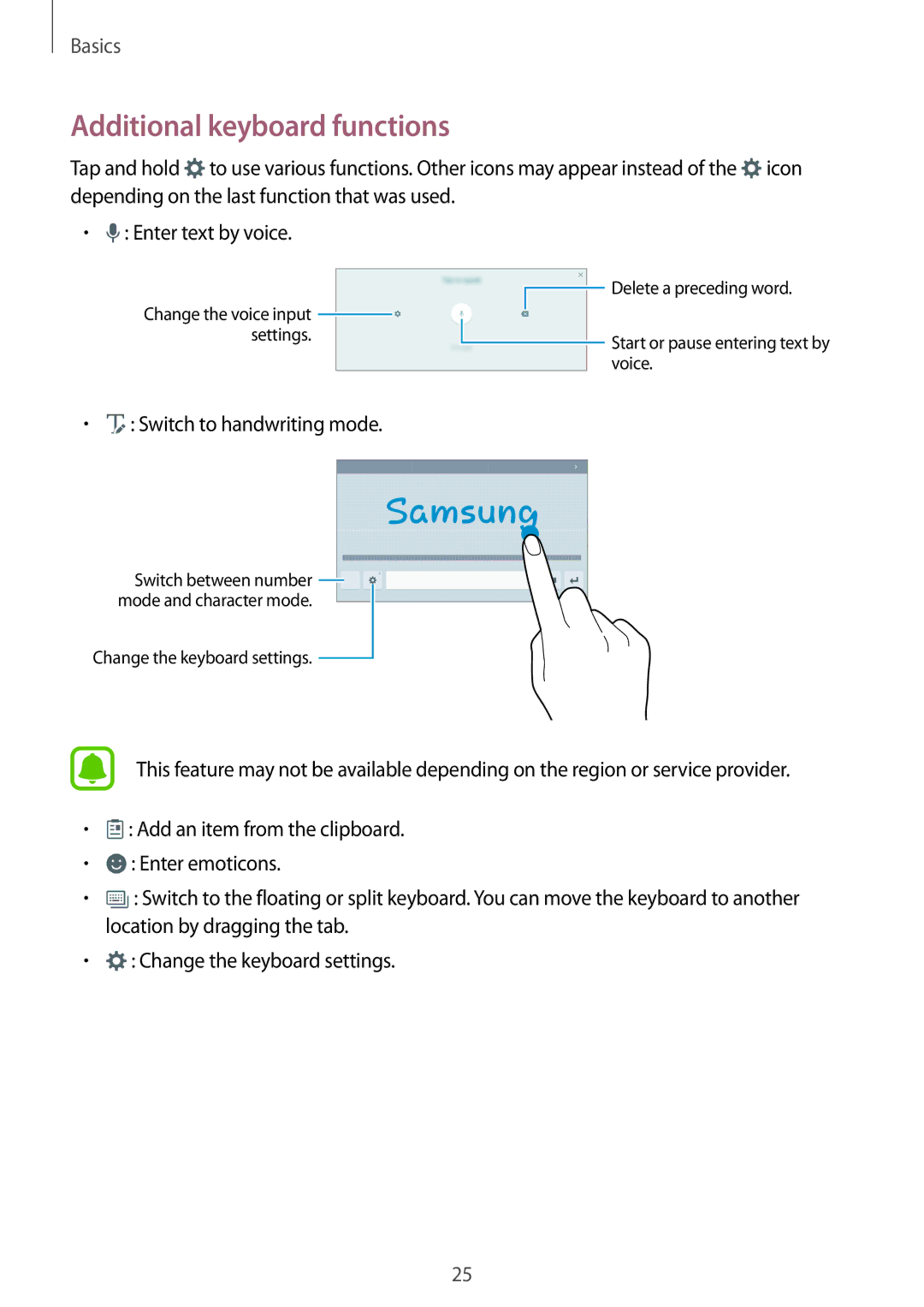 Samsung SM-T580NZKAEUR, SM-T580NZKADBT, SM-T580NZWADBT, SM-T580NZKEDBT, SM-T580NZWEDBT manual Additional keyboard functions 