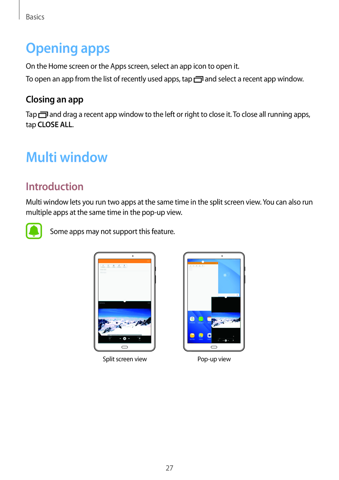 Samsung SM-T580NZKAILO, SM-T580NZKADBT, SM-T580NZWADBT manual Opening apps, Multi window, Introduction, Closing an app 