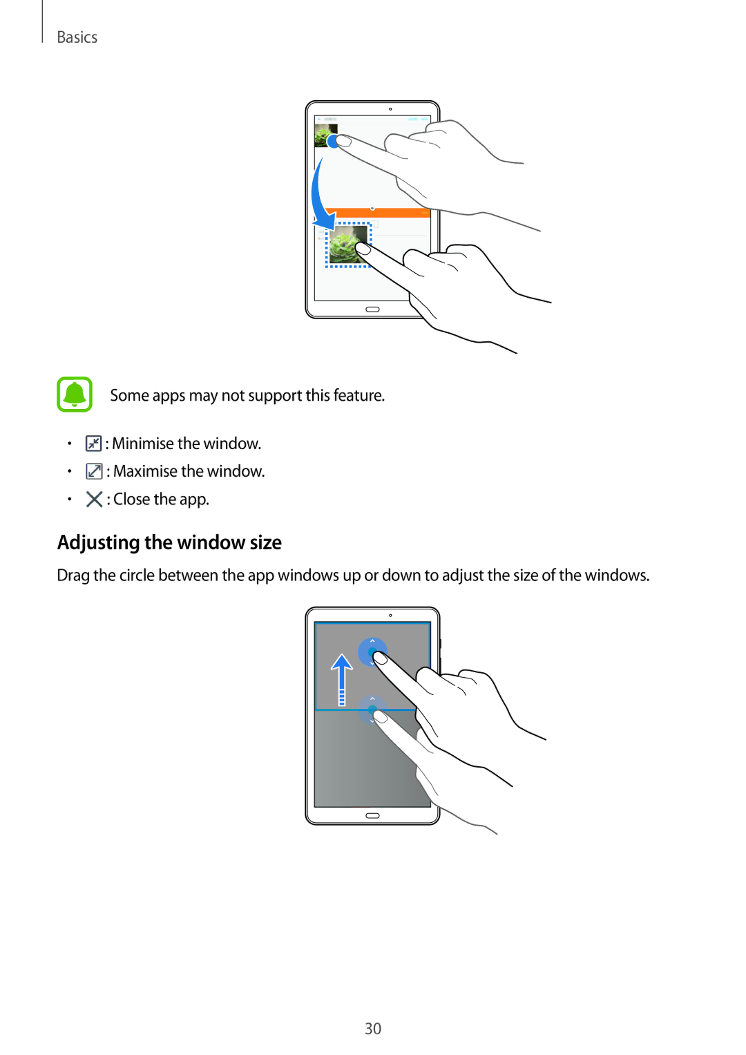 Samsung SM-T580NZWASER, SM-T580NZKADBT, SM-T580NZWADBT, SM-T580NZKEDBT, SM-T580NZWEDBT manual Adjusting the window size 