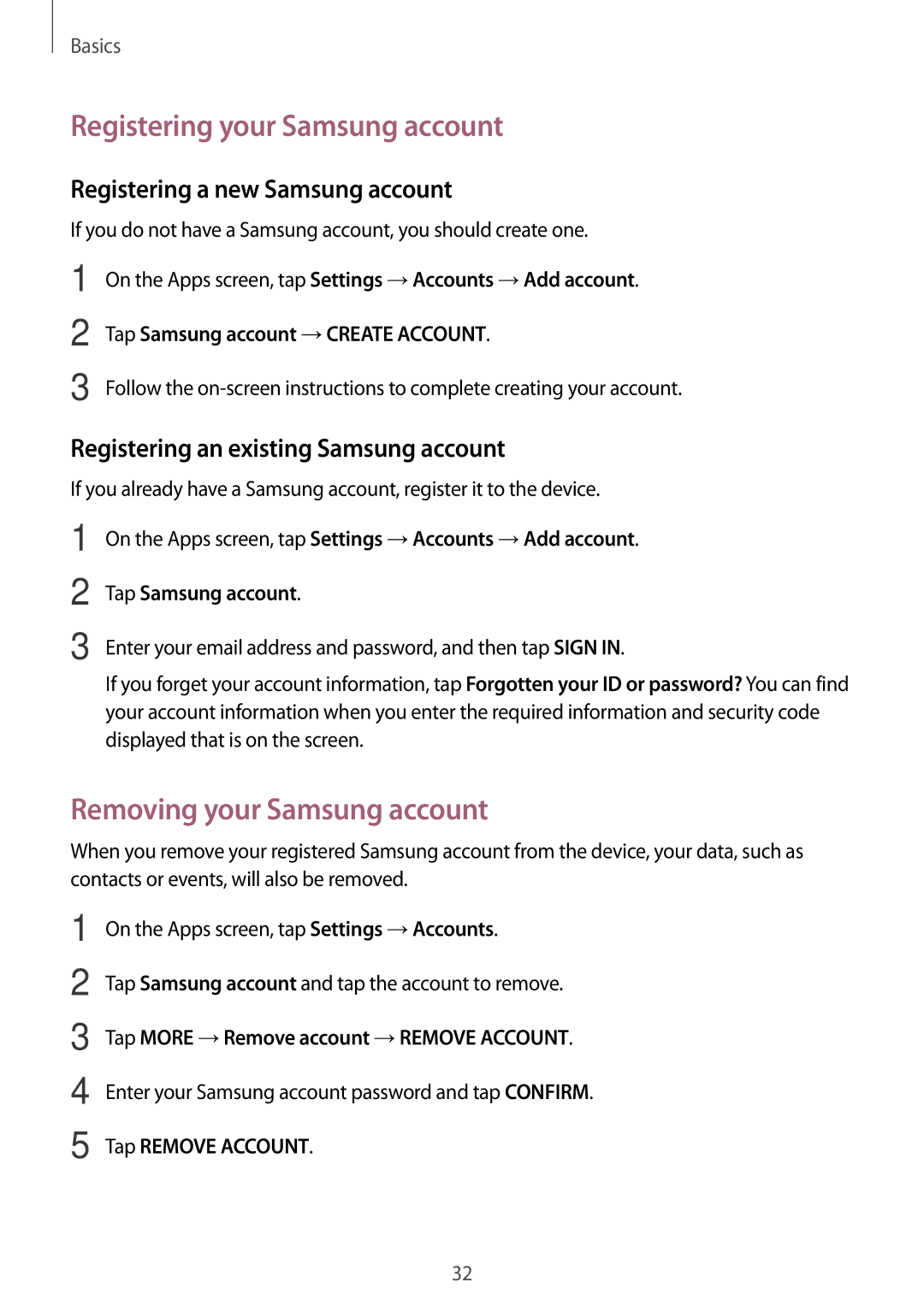 Samsung SM-T580NZBASER Registering your Samsung account, Removing your Samsung account, Registering a new Samsung account 