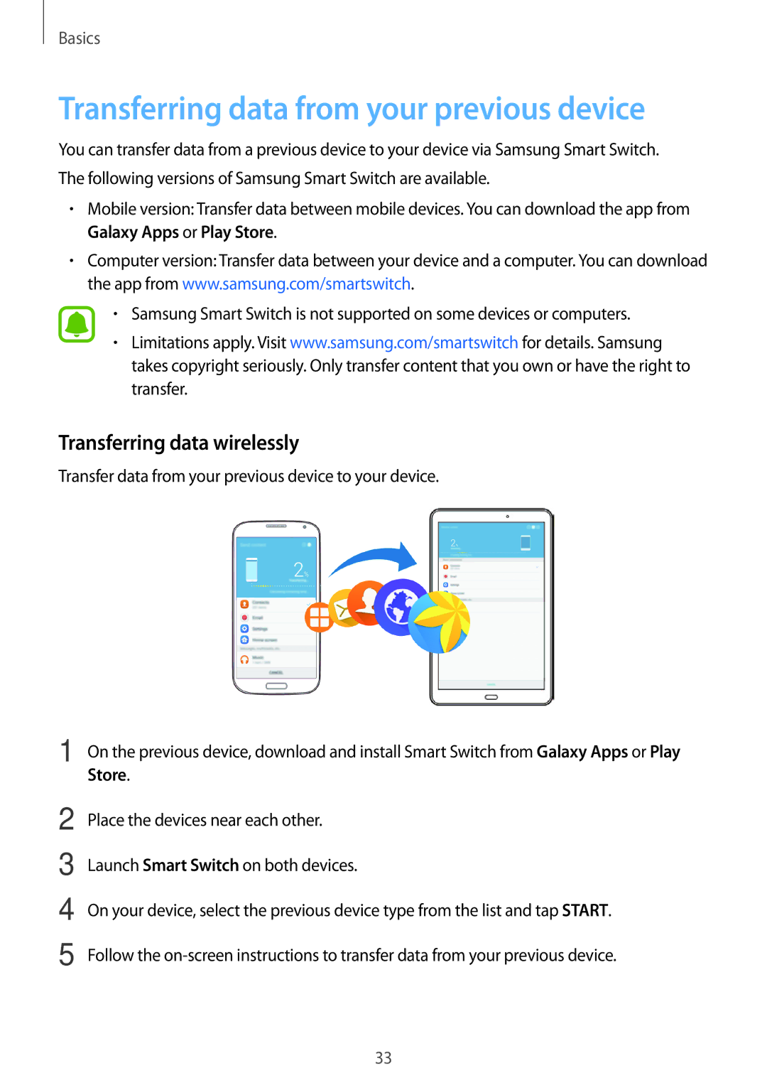 Samsung SM-T580NZKADBT, SM-T580NZWADBT manual Transferring data from your previous device, Transferring data wirelessly 