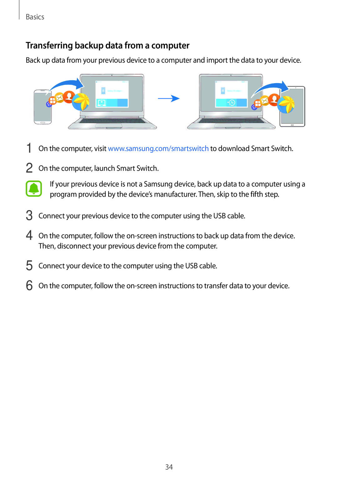 Samsung SM-T580NZWADBT, SM-T580NZKADBT manual Transferring backup data from a computer, On the computer, launch Smart Switch 