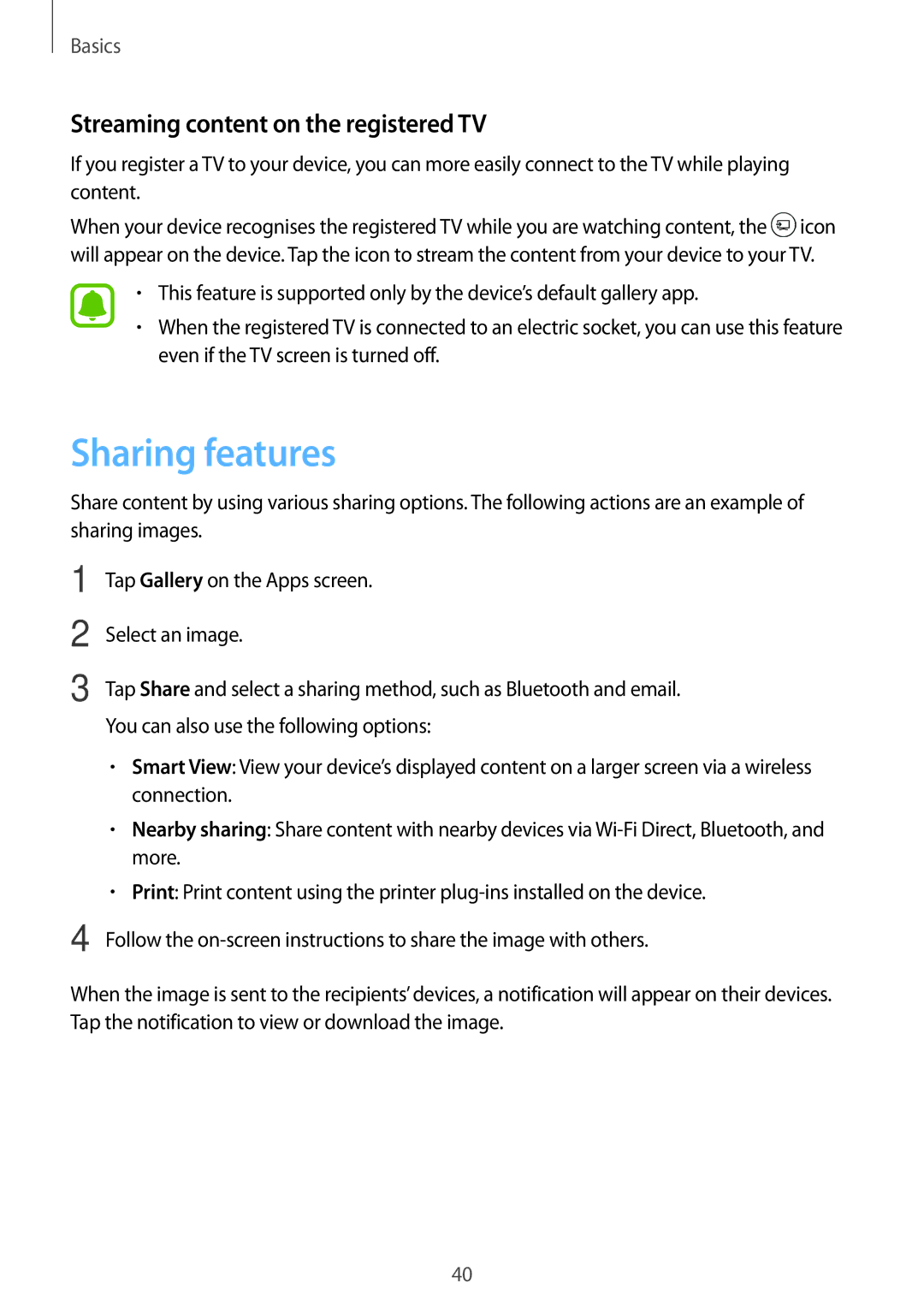 Samsung SM-T580NZAEXEF, SM-T580NZKADBT, SM-T580NZWADBT manual Sharing features, Streaming content on the registered TV 