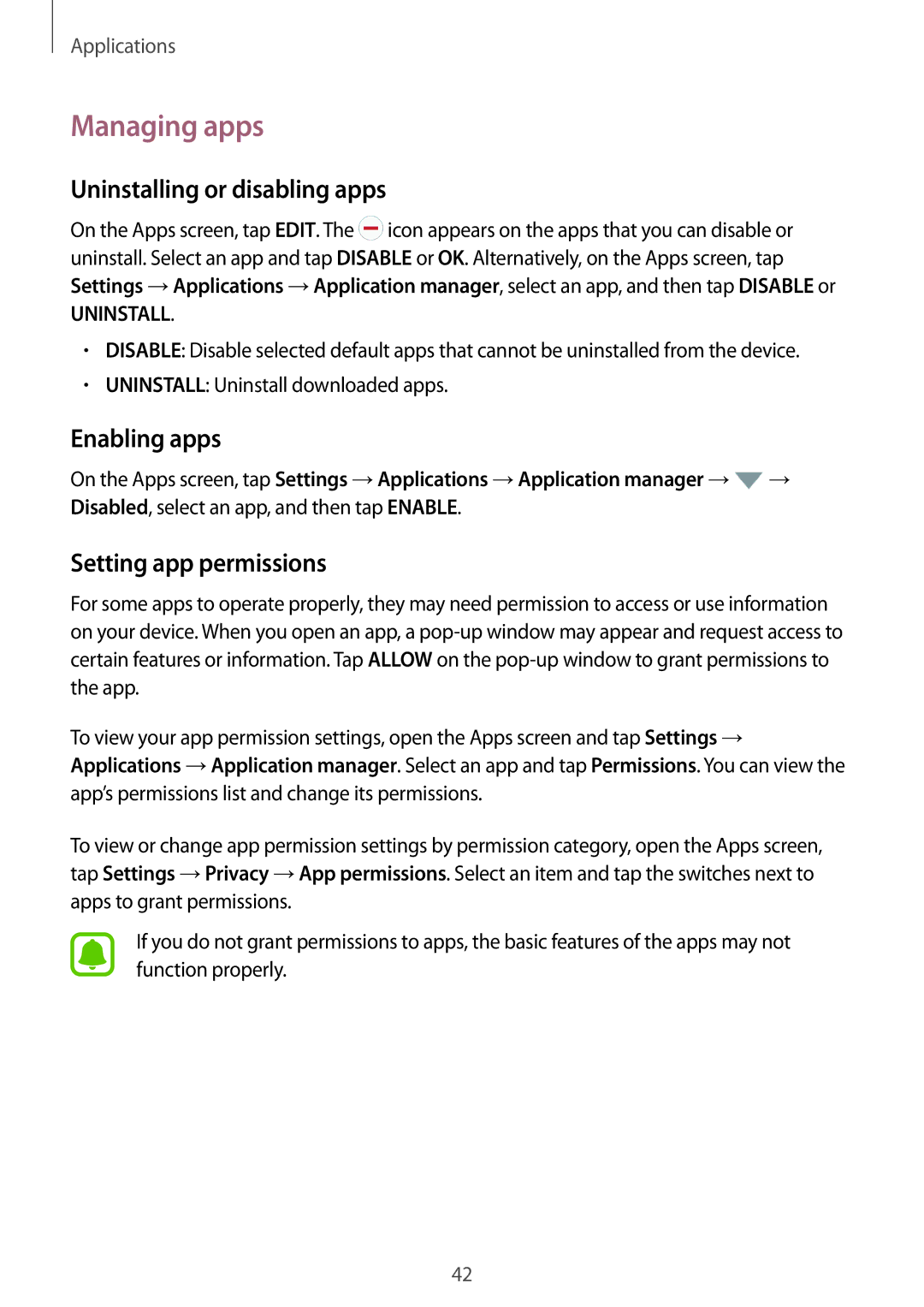 Samsung SM-T580NZWAITV manual Managing apps, Uninstalling or disabling apps, Enabling apps, Setting app permissions 