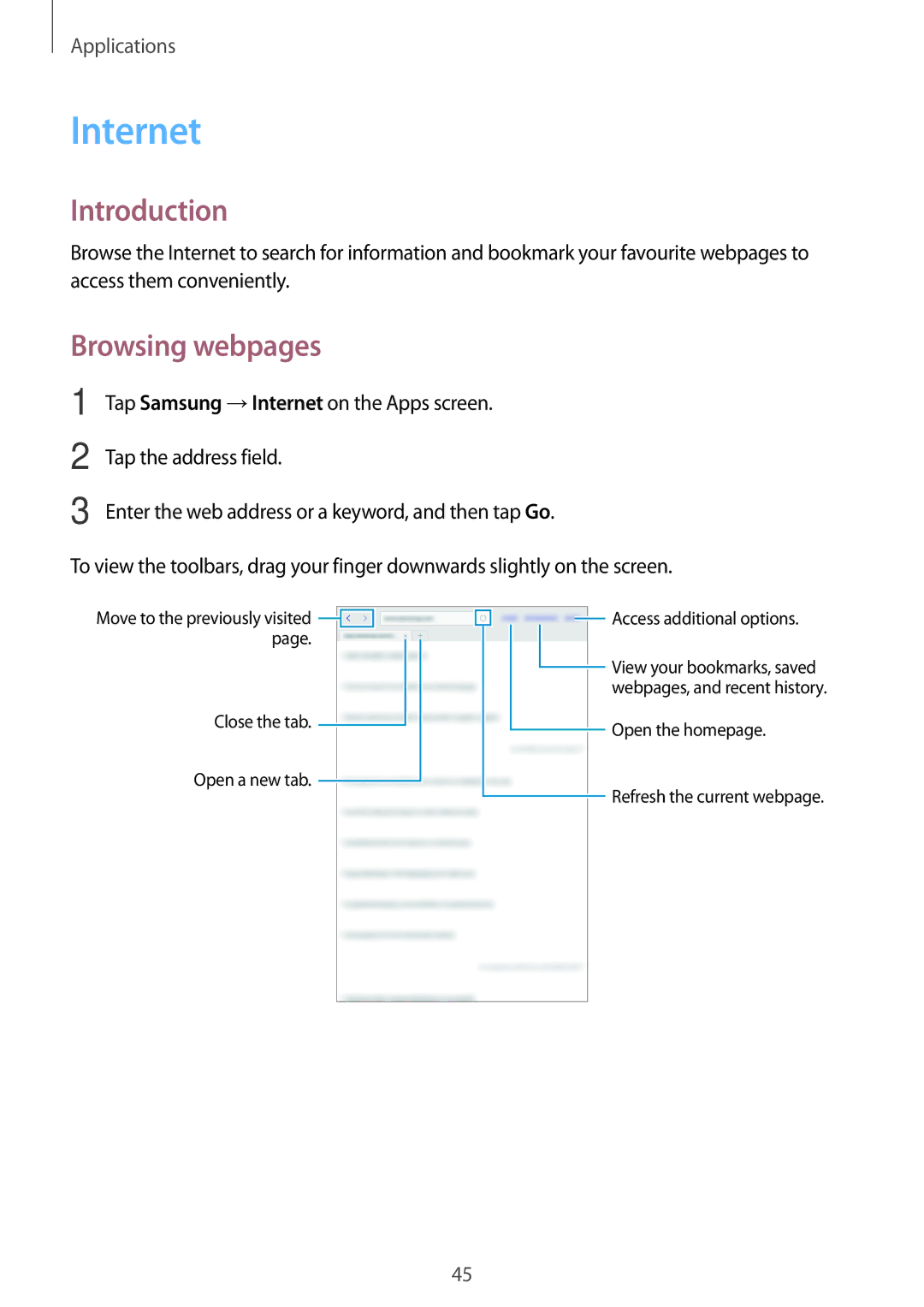Samsung SM-T580NZWAPHE, SM-T580NZKADBT, SM-T580NZWADBT, SM-T580NZKEDBT, SM-T580NZWEDBT manual Internet, Browsing webpages 