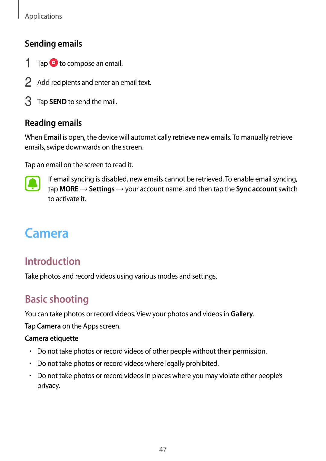 Samsung SM-T580NZKEPHE, SM-T580NZKADBT, SM-T580NZWADBT Basic shooting, Sending emails, Reading emails, Camera etiquette 