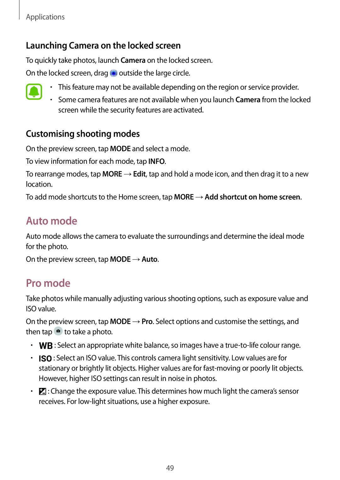 Samsung SM-T580NZKABGL manual Auto mode, Pro mode, Launching Camera on the locked screen, Customising shooting modes 