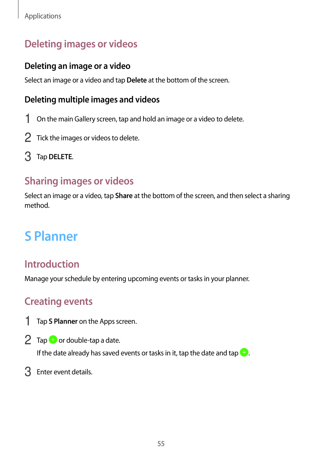 Samsung SM-T580NZKANEE, SM-T580NZKADBT manual Planner, Deleting images or videos, Sharing images or videos, Creating events 