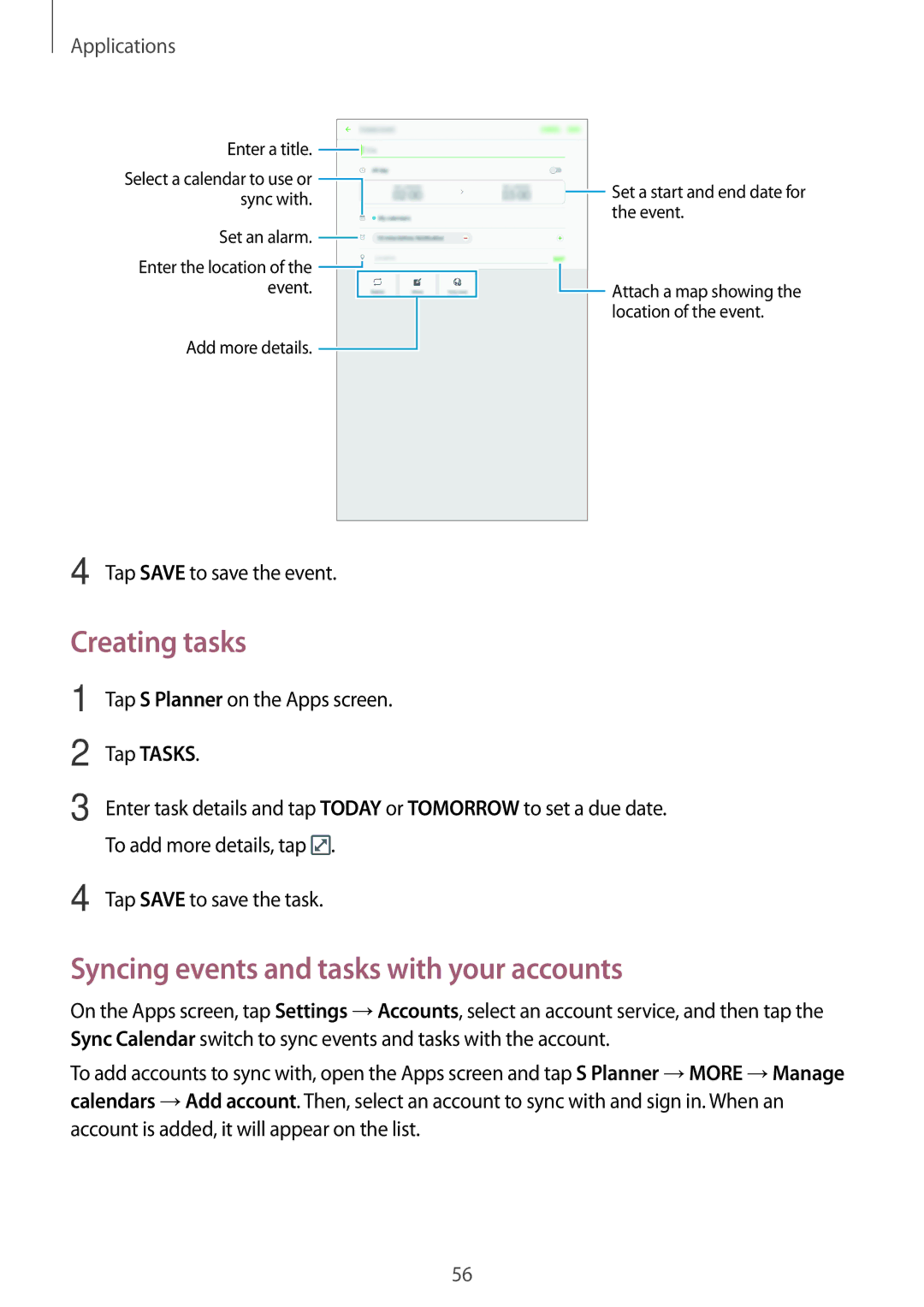 Samsung SM-T580NZWASEB, SM-T580NZKADBT, SM-T580NZWADBT manual Creating tasks, Syncing events and tasks with your accounts 