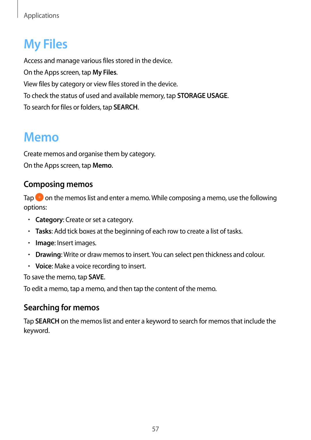 Samsung SM-T580NZKASEB, SM-T580NZKADBT, SM-T580NZWADBT, SM-T580NZKEDBT My Files, Memo, Composing memos, Searching for memos 