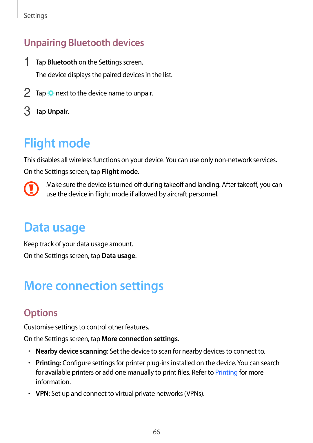 Samsung SM-T580NZKADBT manual Flight mode, Data usage, More connection settings, Unpairing Bluetooth devices, Options 