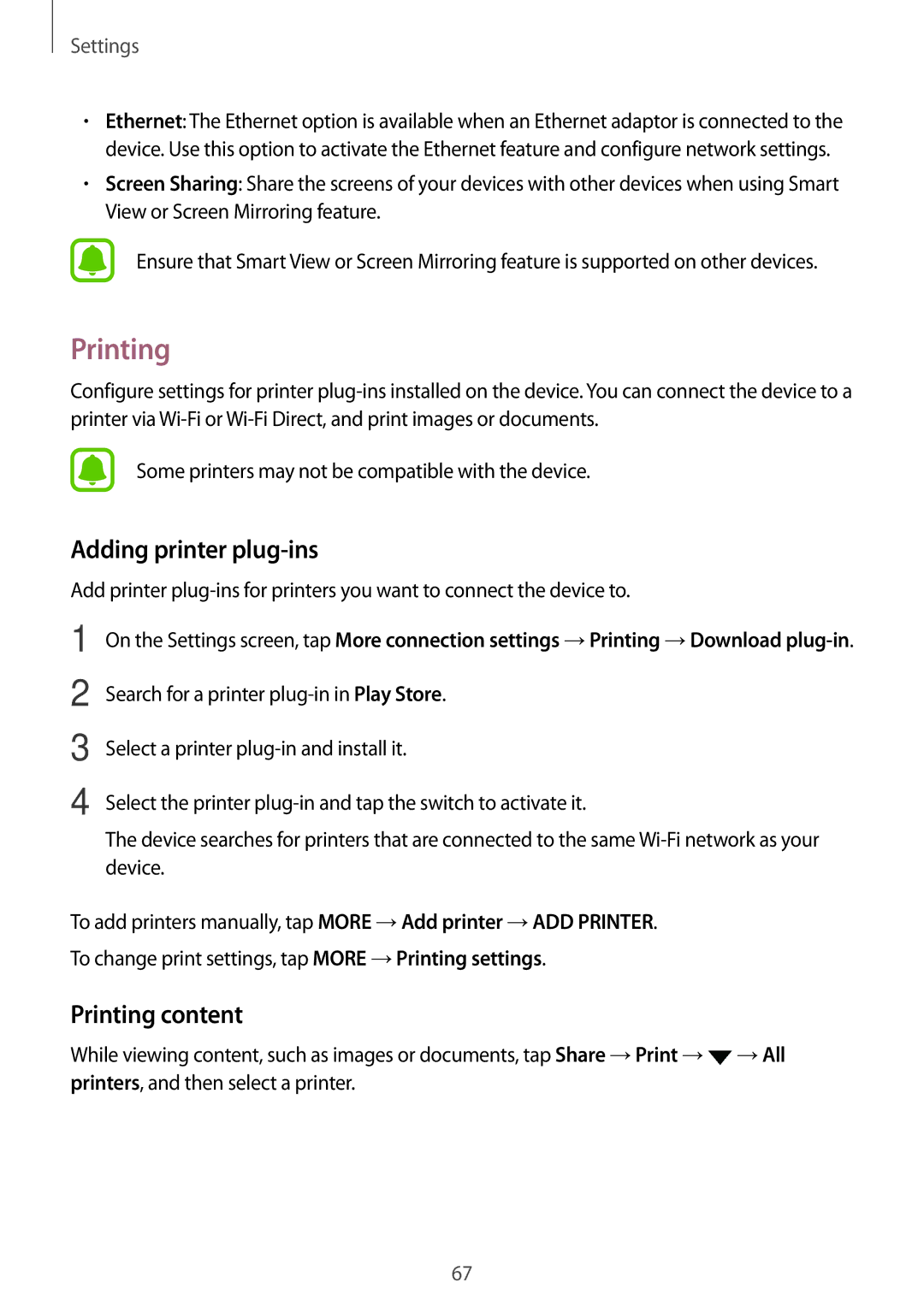 Samsung SM-T580NZWADBT, SM-T580NZKADBT, SM-T580NZKEDBT, SM-T580NZWEDBT manual Adding printer plug-ins, Printing content 