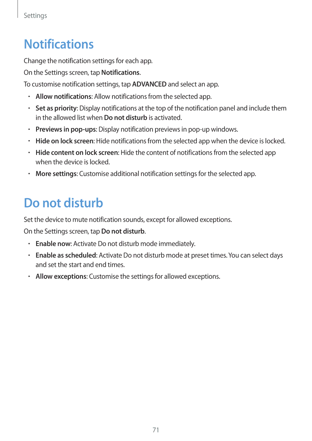 Samsung SM-T580NZKEXEF, SM-T580NZKADBT, SM-T580NZWADBT, SM-T580NZKEDBT, SM-T580NZWEDBT manual Notifications, Do not disturb 