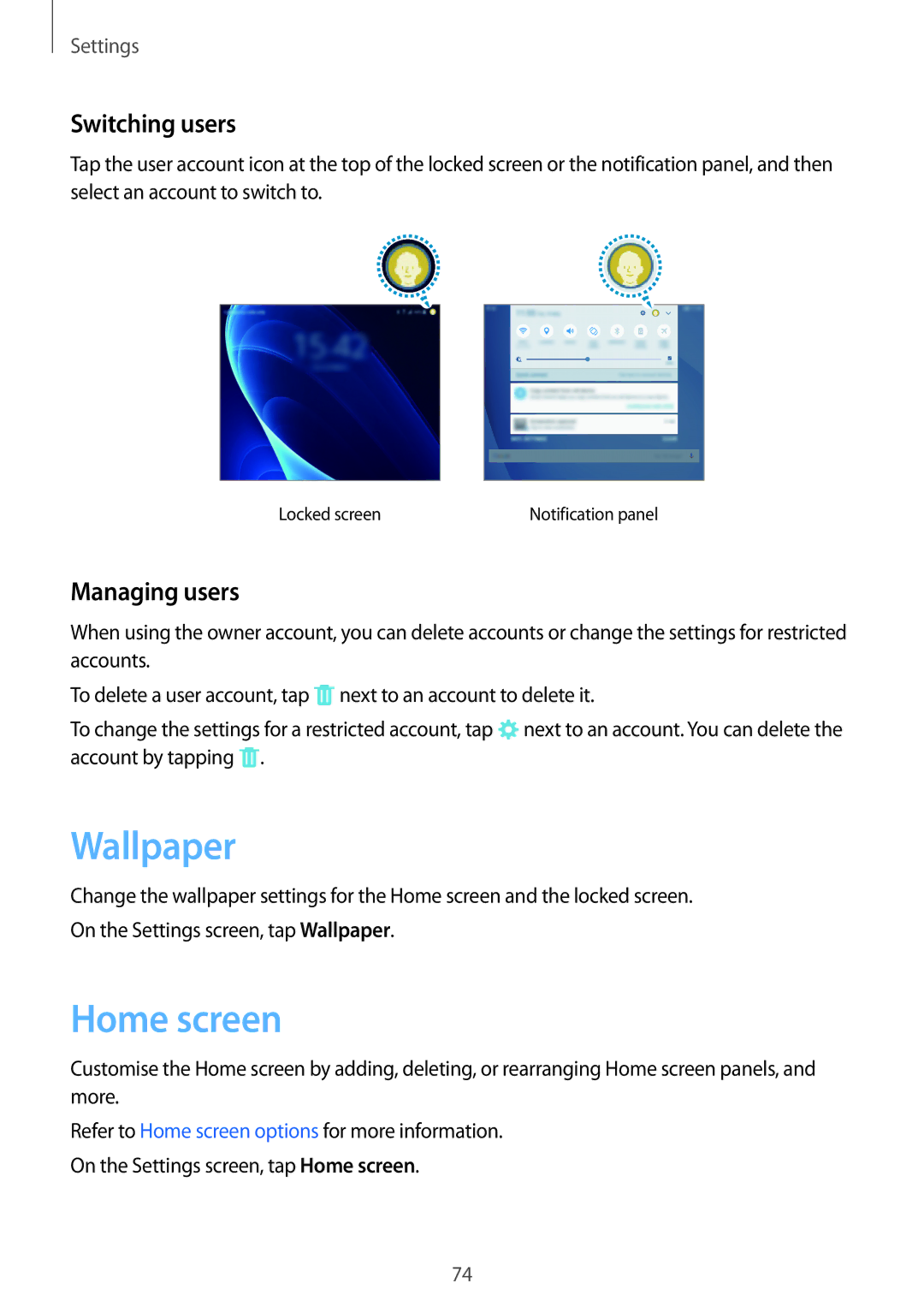 Samsung SM-T580NZWEXEF, SM-T580NZKADBT, SM-T580NZWADBT, SM-T580NZKEDBT manual Wallpaper, Switching users, Managing users 