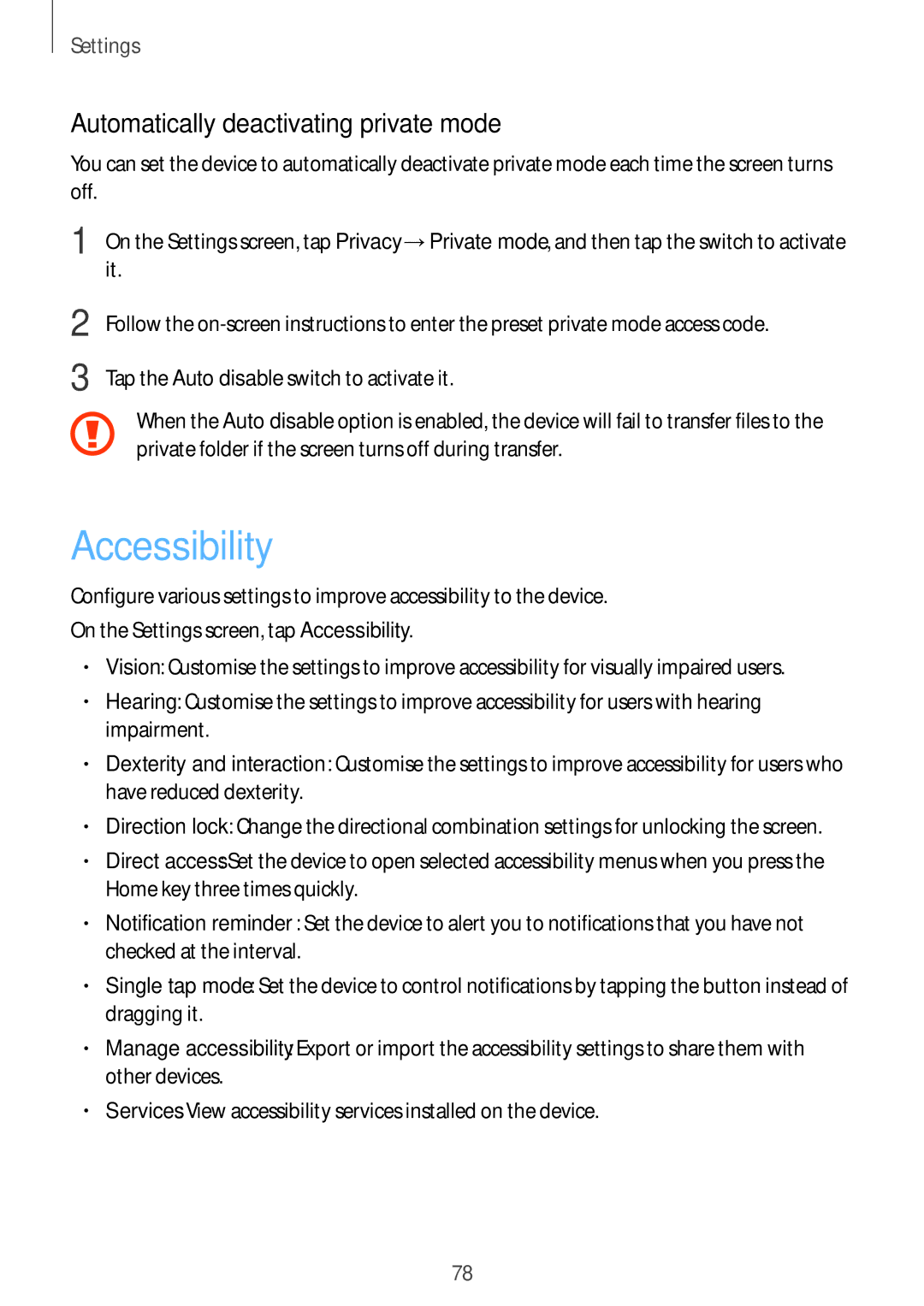 Samsung SM-T580NZWAPHE, SM-T580NZKADBT, SM-T580NZWADBT manual Accessibility, Automatically deactivating private mode 