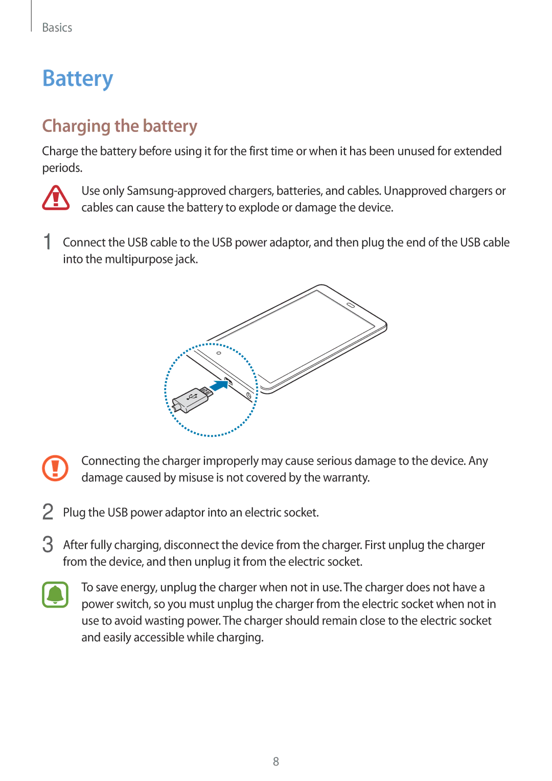 Samsung SM-T580NZWEXEF, SM-T580NZKADBT, SM-T580NZWADBT, SM-T580NZKEDBT, SM-T580NZWEDBT manual Battery, Charging the battery 