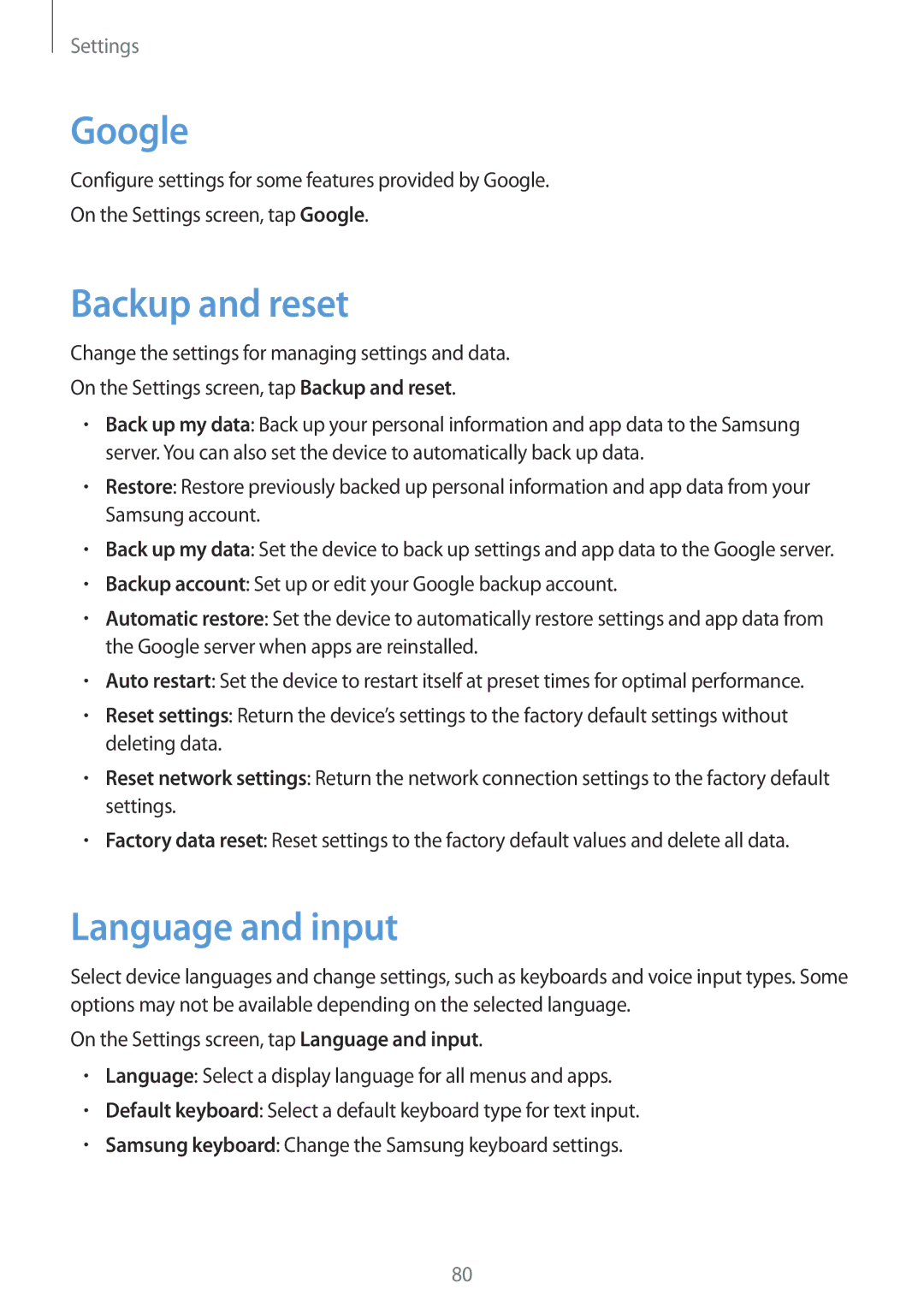 Samsung SM-T580NZKEPHE, SM-T580NZKADBT, SM-T580NZWADBT, SM-T580NZKEDBT manual Google, Backup and reset, Language and input 