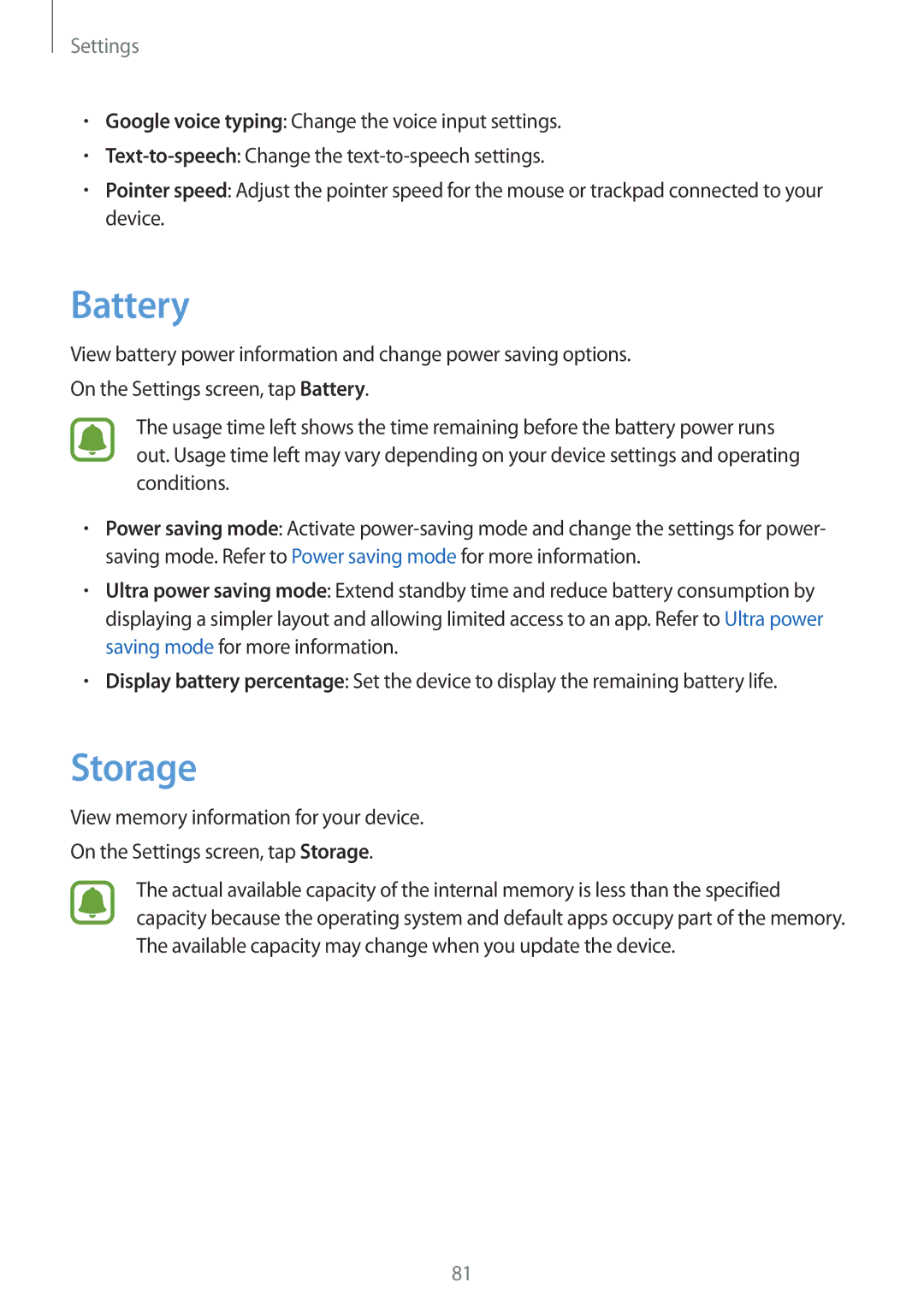 Samsung SM-T580NZWAKSA, SM-T580NZKADBT, SM-T580NZWADBT, SM-T580NZKEDBT, SM-T580NZWEDBT, SM-T580NZWAXEF manual Battery, Storage 