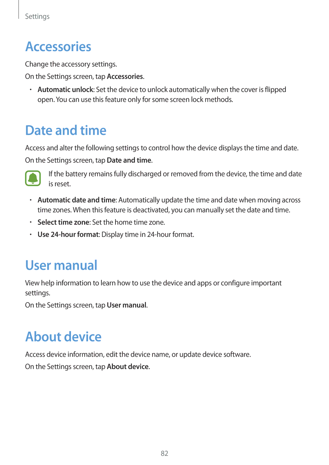 Samsung SM-T580NZKABGL, SM-T580NZKADBT, SM-T580NZWADBT, SM-T580NZKEDBT manual Accessories, Date and time, About device 