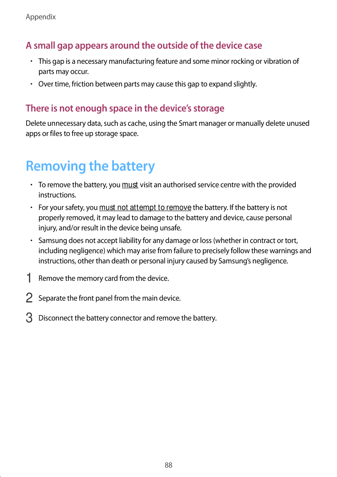 Samsung SM-T580NZKANEE, SM-T580NZKADBT manual Removing the battery, Small gap appears around the outside of the device case 