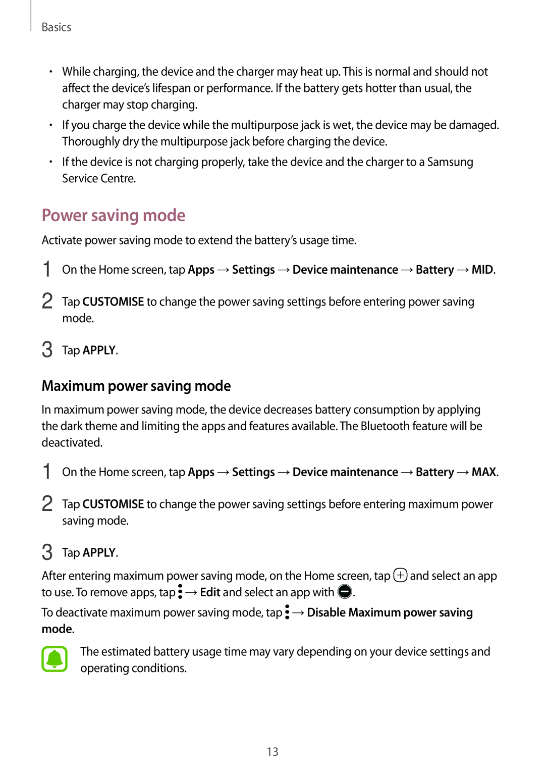 Samsung SM-T580NZKAPHE, SM-T580NZKADBT, SM-T580NZWADBT, SM-T580NZKEDBT Power saving mode, Maximum power saving mode, Mode 