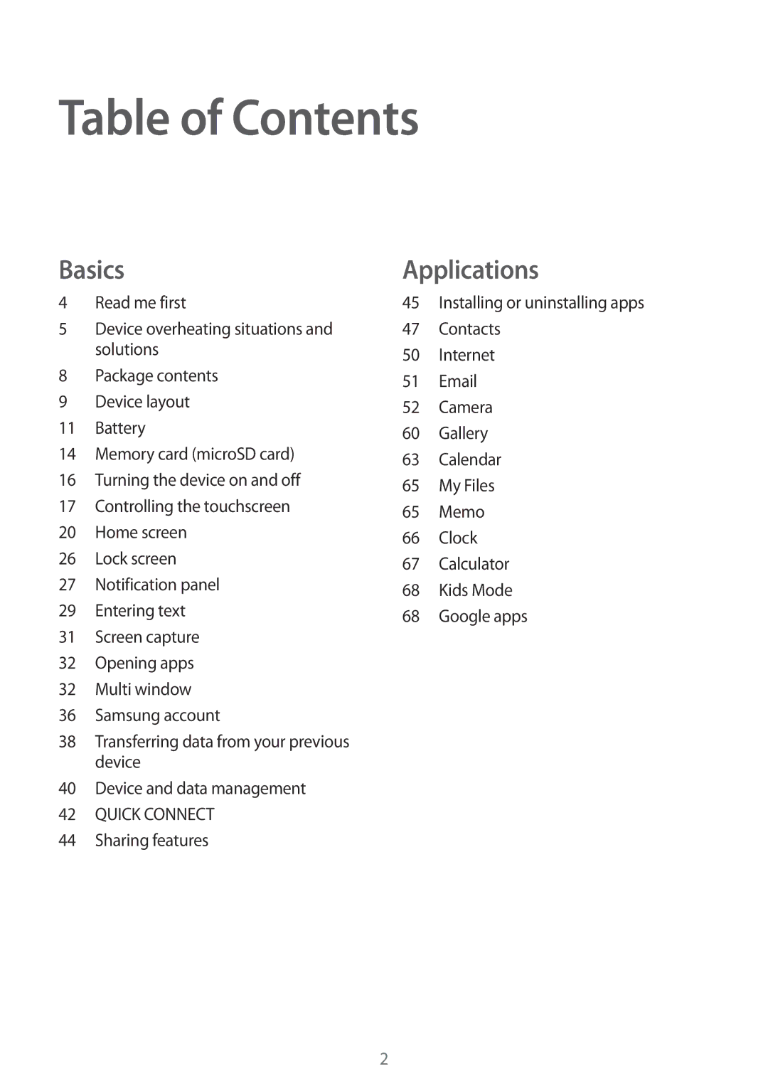 Samsung SM-T580NZKEDBT, SM-T580NZKADBT, SM-T580NZWADBT, SM-T580NZWEDBT, SM-T580NZWAXEF, SM-T580NZKEXEF manual Table of Contents 