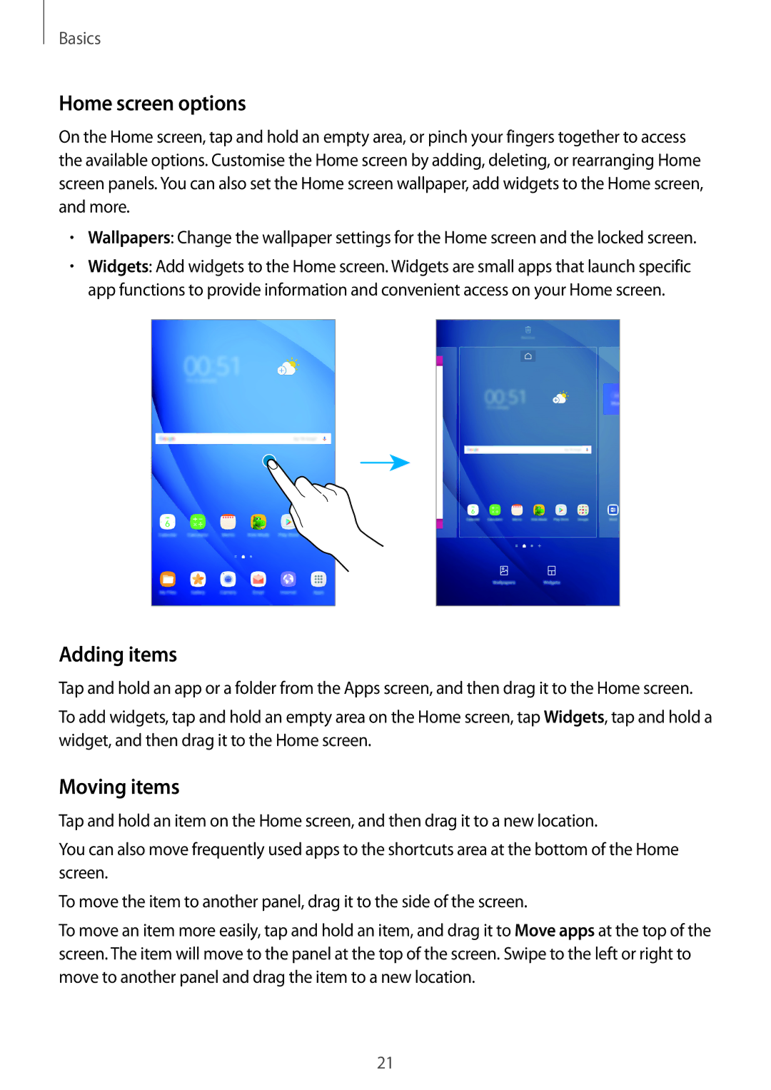 Samsung SM-T580NZWENEE, SM-T580NZKADBT, SM-T580NZWADBT, SM-T580NZKEDBT manual Home screen options, Adding items, Moving items 