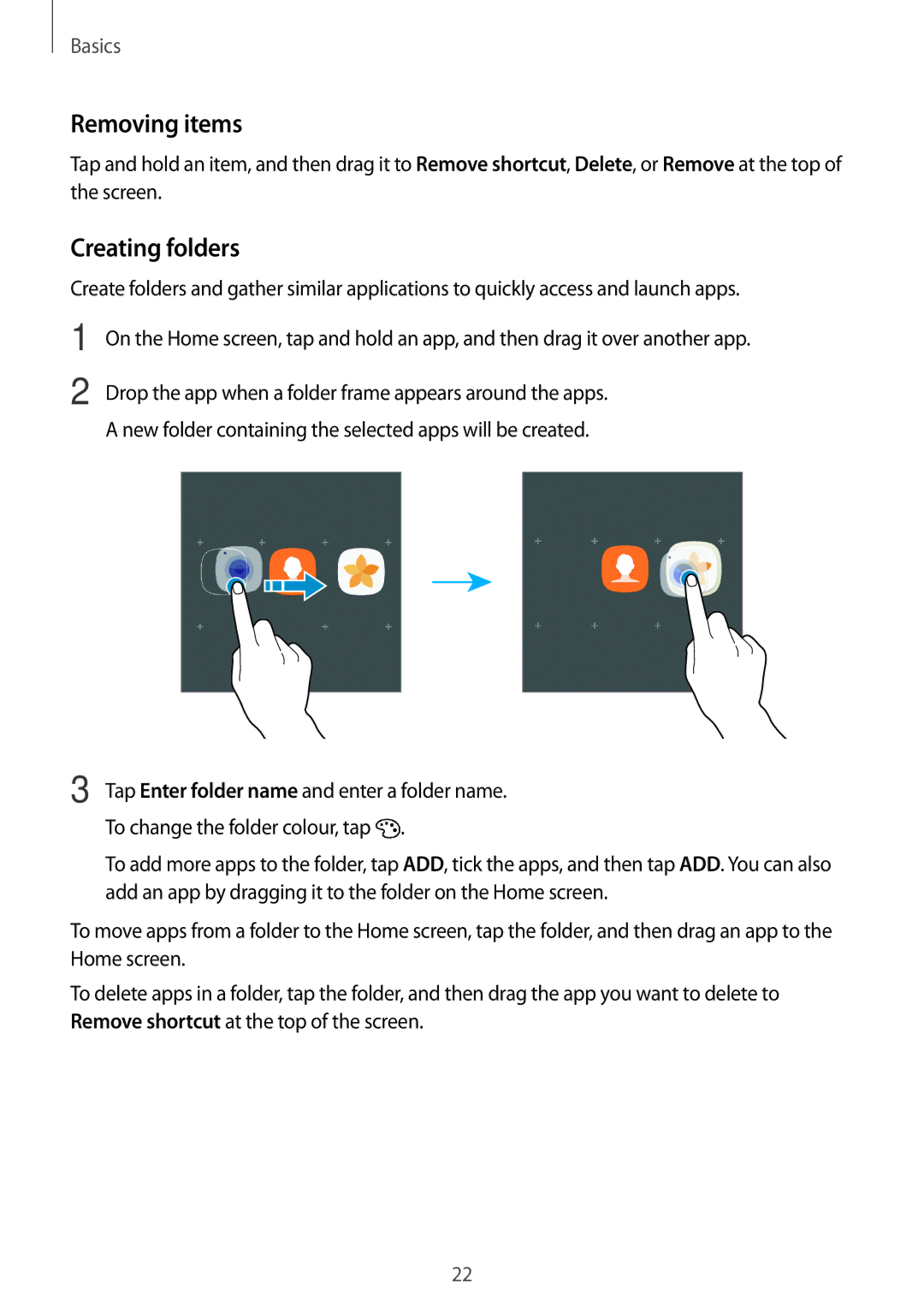 Samsung SM-T580NZKANEE, SM-T580NZKADBT, SM-T580NZWADBT, SM-T580NZKEDBT, SM-T580NZWEDBT manual Removing items, Creating folders 