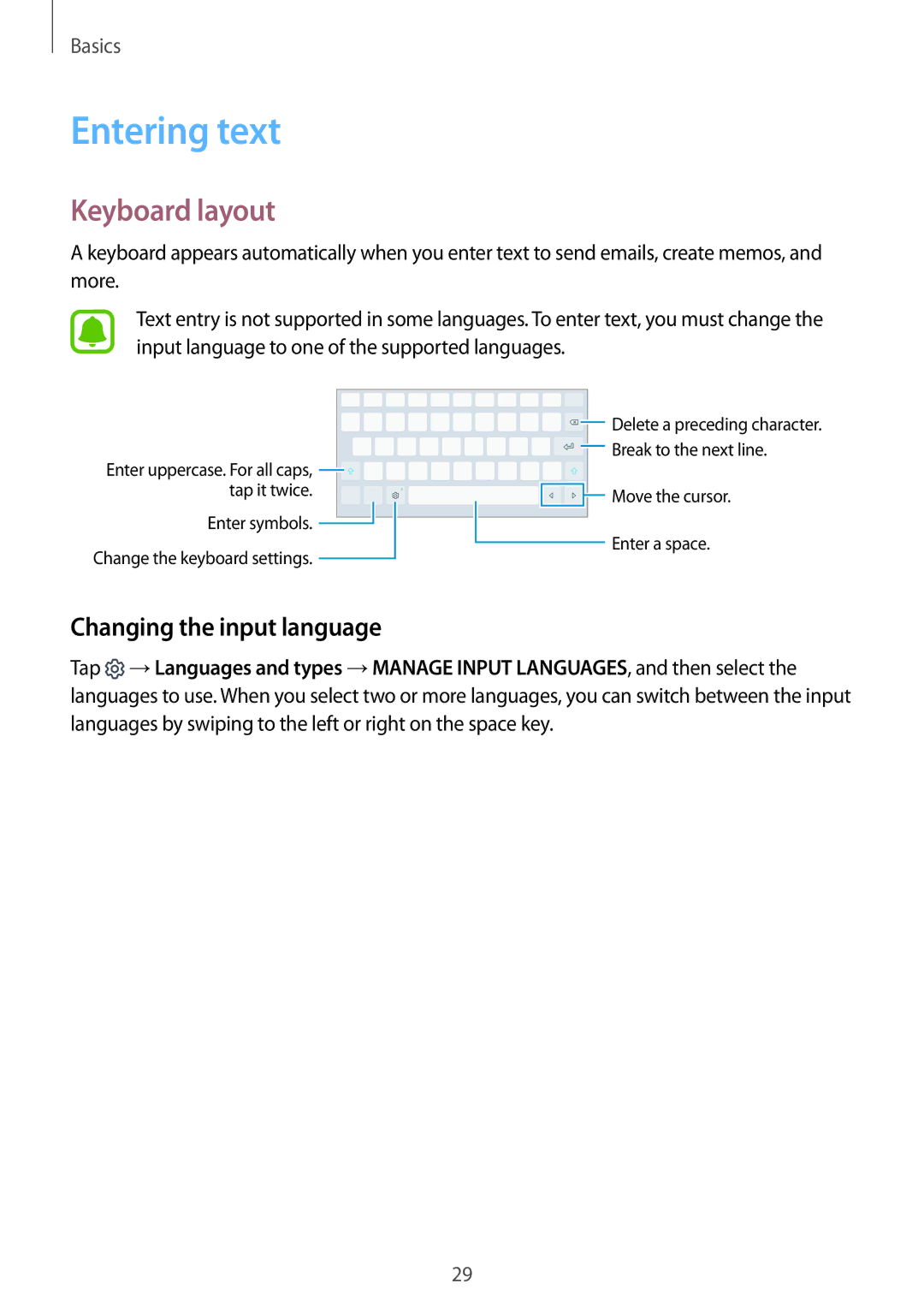 Samsung SM-T580NZKAXEH, SM-T580NZKADBT, SM-T580NZWADBT manual Entering text, Keyboard layout, Changing the input language 