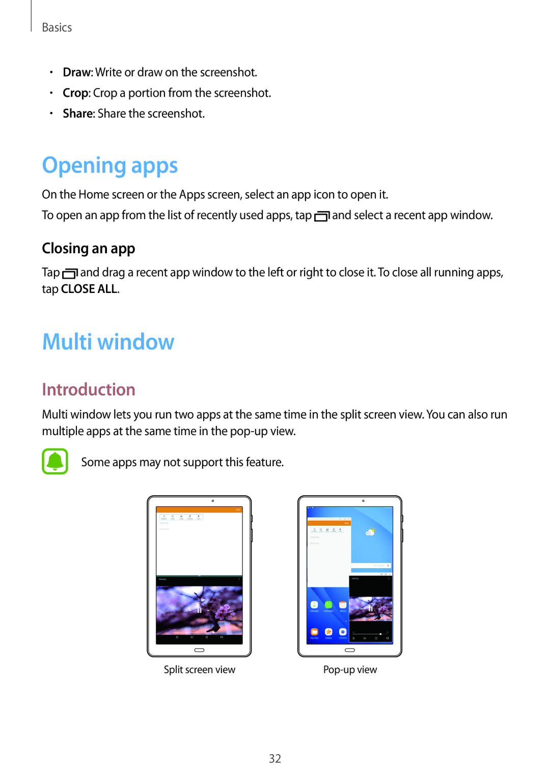 Samsung SM-T580NZBASER, SM-T580NZKADBT, SM-T580NZWADBT manual Opening apps, Multi window, Introduction, Closing an app 