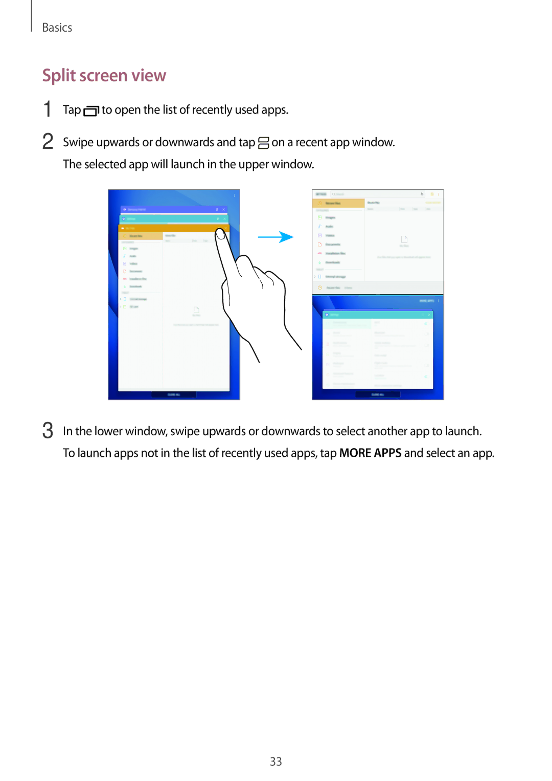 Samsung SM-T580NZKADBT, SM-T580NZWADBT, SM-T580NZKEDBT manual Split screen view, Tap to open the list of recently used apps 