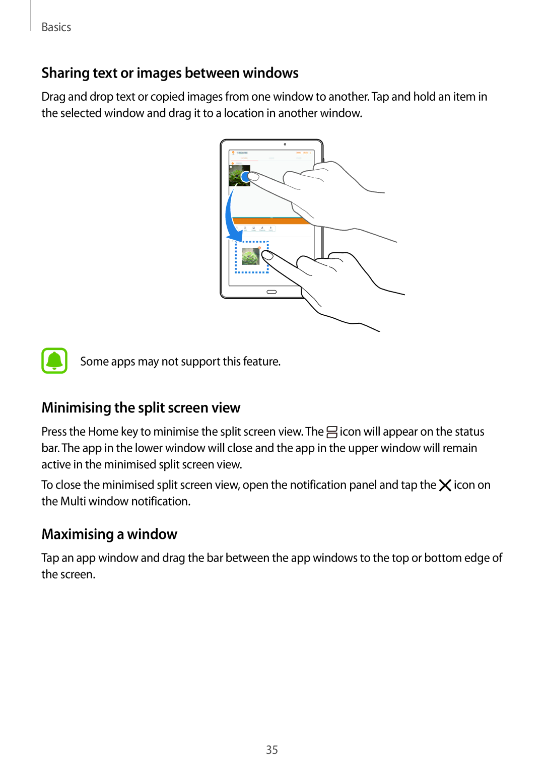 Samsung SM-T580NZKEDBT manual Sharing text or images between windows, Minimising the split screen view, Maximising a window 