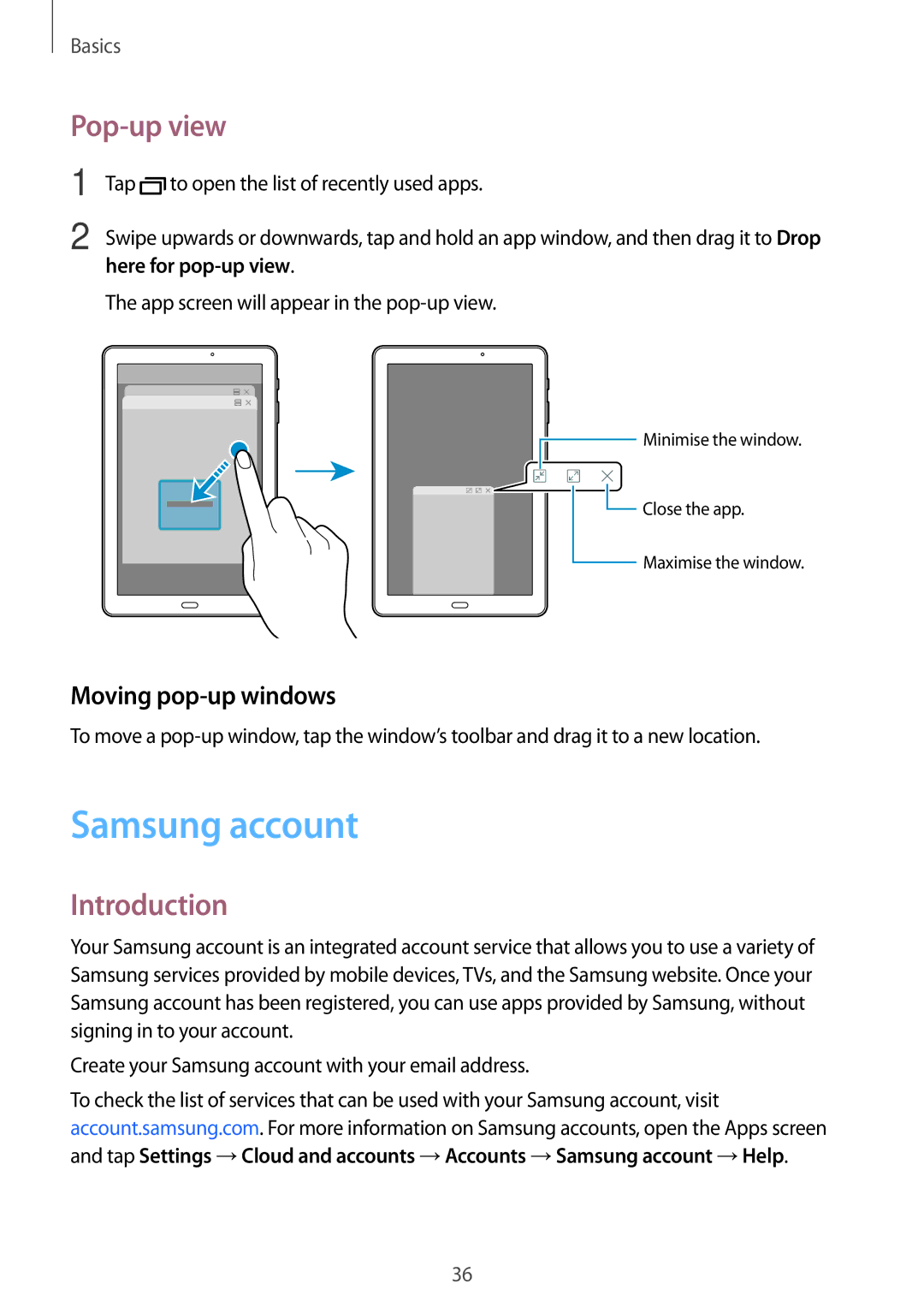 Samsung SM-T580NZWEDBT, SM-T580NZKADBT manual Samsung account, Pop-up view, Moving pop-up windows, Here for pop-up view 