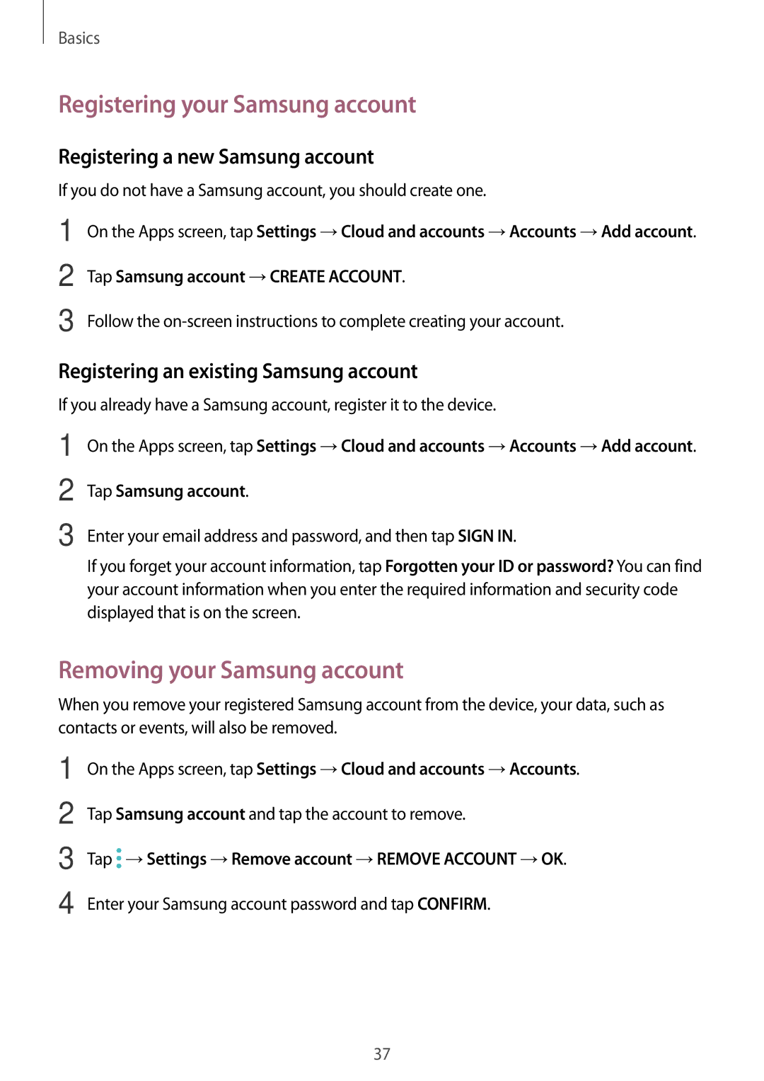 Samsung SM-T580NZWAXEF Registering your Samsung account, Removing your Samsung account, Registering a new Samsung account 