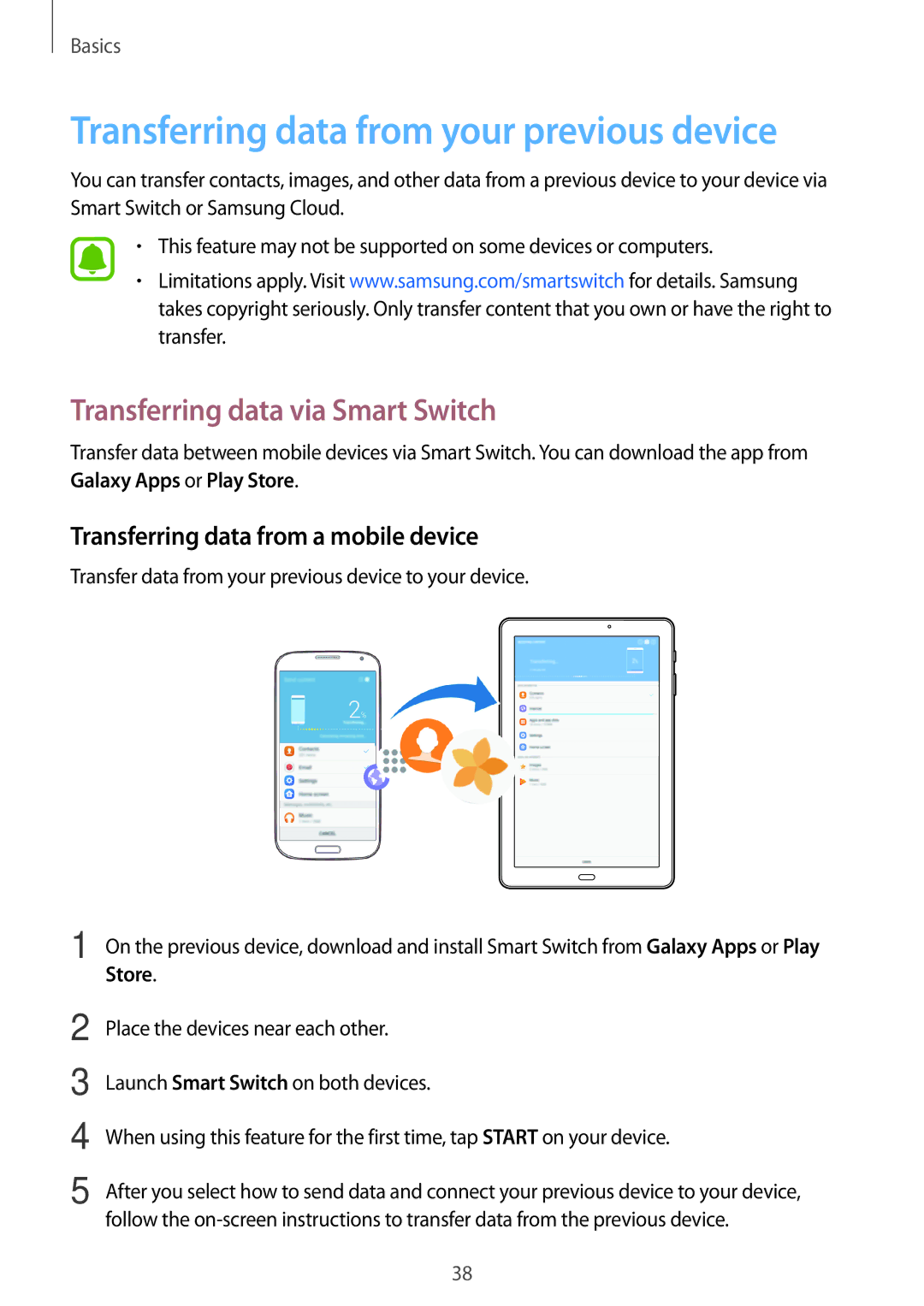 Samsung SM-T580NZKEXEF, SM-T580NZKADBT Transferring data from your previous device, Transferring data via Smart Switch 