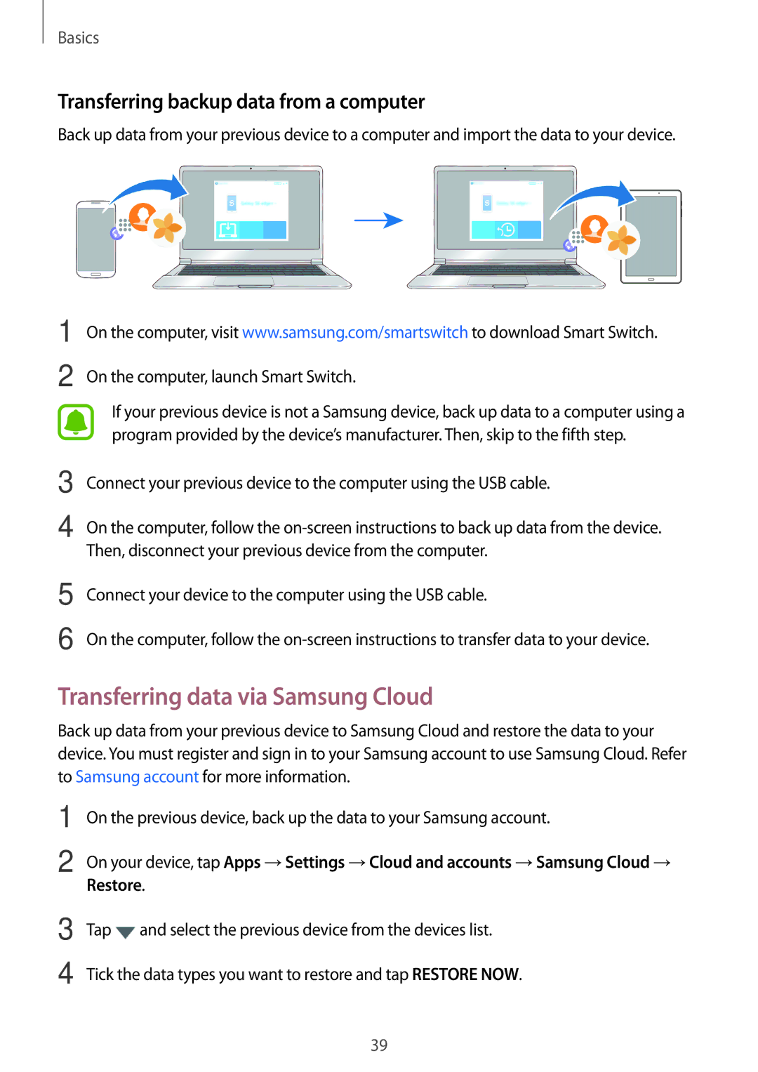 Samsung SM-T580NZKAXEF, SM-T580NZKADBT manual Transferring data via Samsung Cloud, Transferring backup data from a computer 