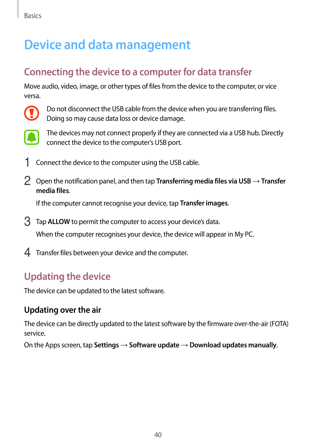 Samsung SM-T580NZAEXEF, SM-T580NZKADBT Device and data management, Connecting the device to a computer for data transfer 