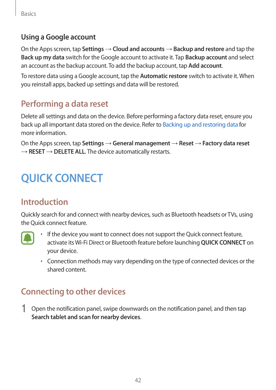 Samsung SM-T580NZWAITV, SM-T580NZKADBT manual Performing a data reset, Connecting to other devices, Using a Google account 