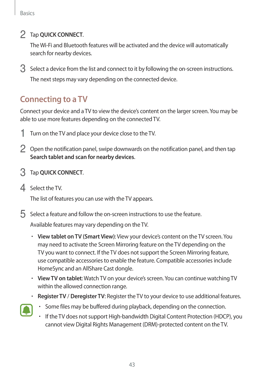 Samsung SM-T580NZAEITV, SM-T580NZKADBT, SM-T580NZWADBT, SM-T580NZKEDBT, SM-T580NZWEDBT Connecting to a TV, Tap Quick Connect 