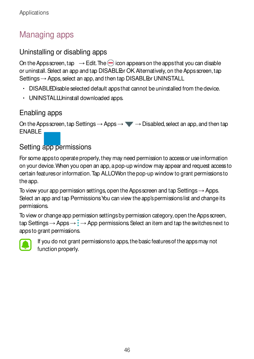 Samsung SM-T580NZKAPHE manual Managing apps, Uninstalling or disabling apps, Enabling apps, Setting app permissions 