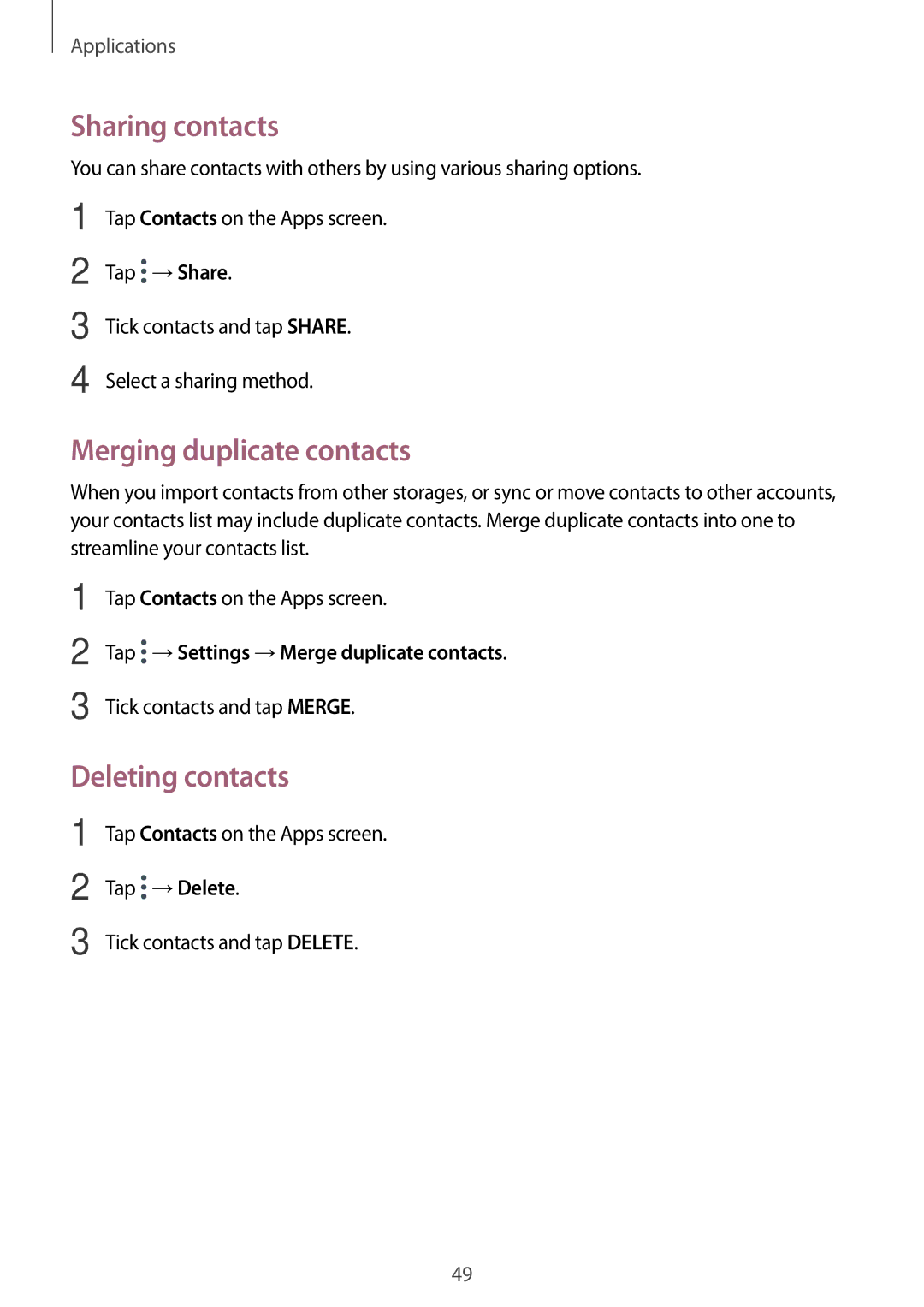 Samsung SM-T580NZKABGL, SM-T580NZKADBT, SM-T580NZWADBT manual Sharing contacts, Merging duplicate contacts, Deleting contacts 