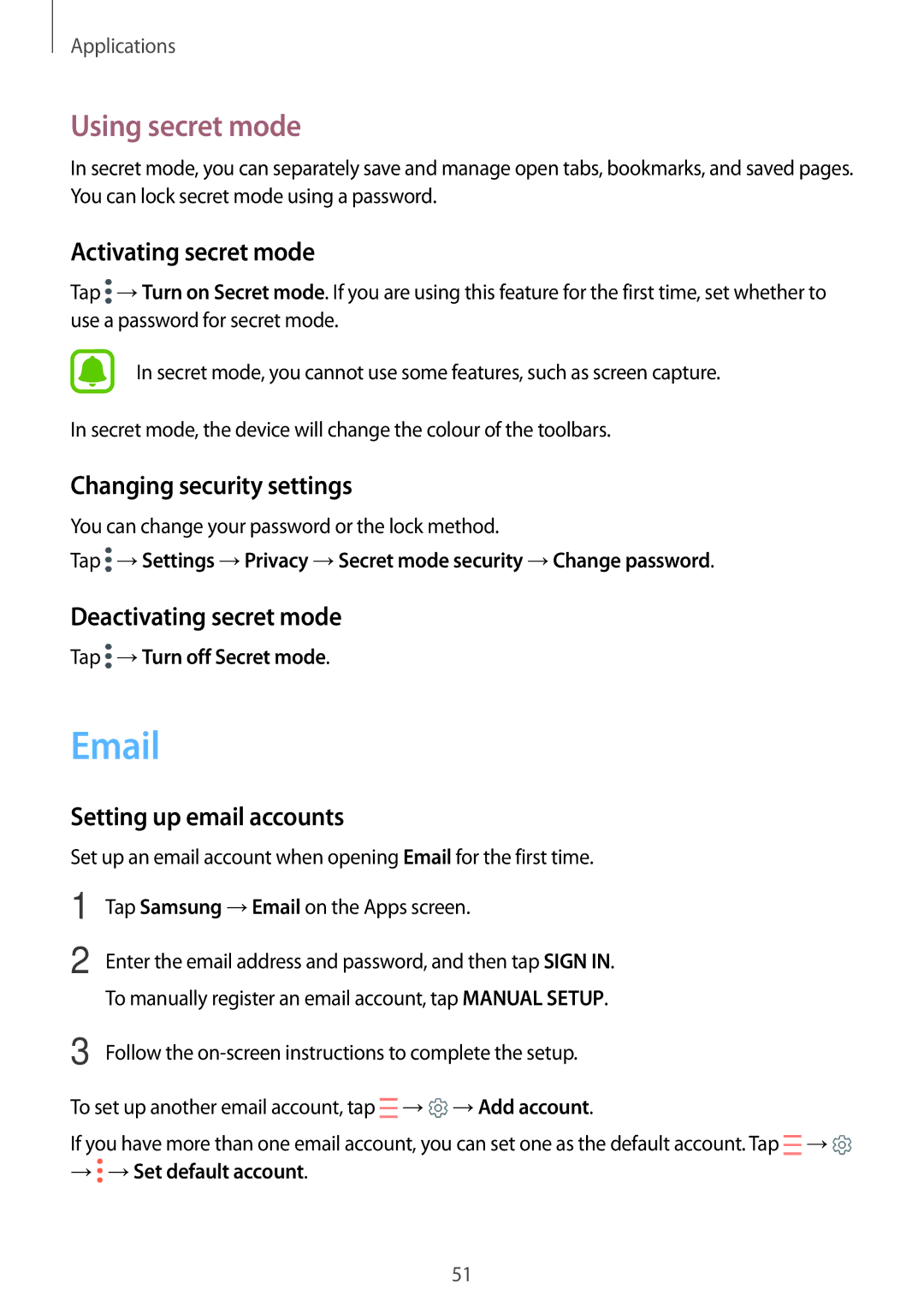 Samsung SM-T580NZAEXEZ Using secret mode, Activating secret mode, Changing security settings, Deactivating secret mode 