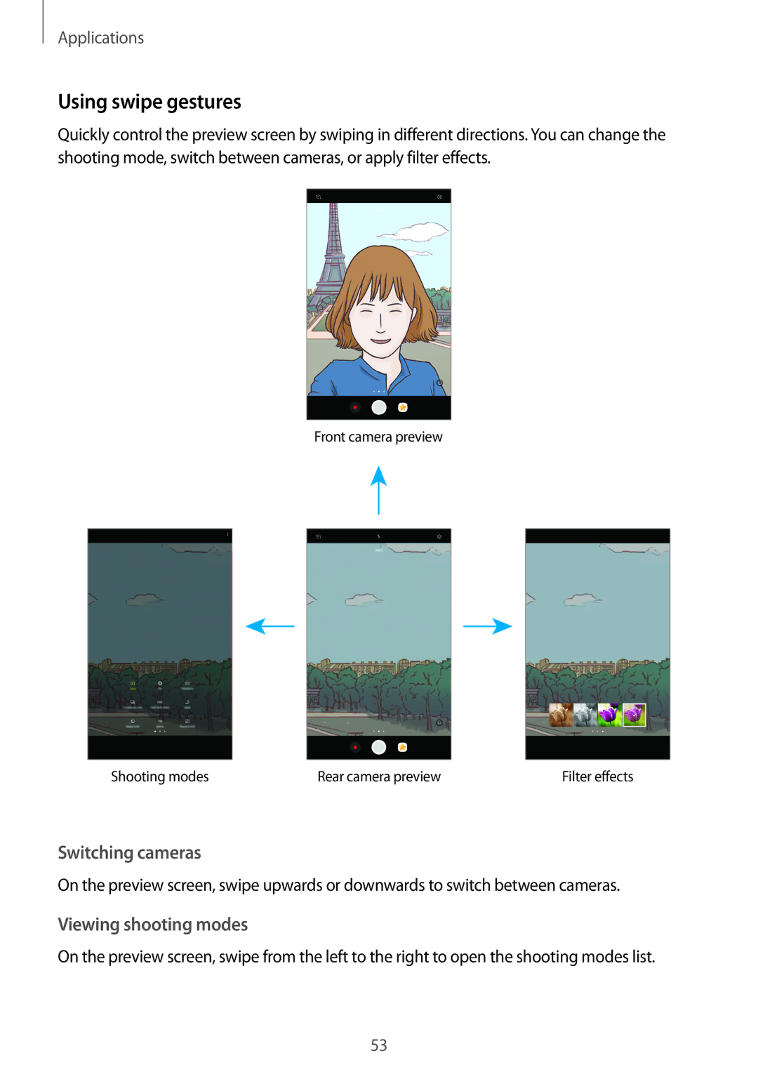 Samsung SM-T580NZWANEE, SM-T580NZKADBT, SM-T580NZWADBT, SM-T580NZKEDBT manual Using swipe gestures, Viewing shooting modes 