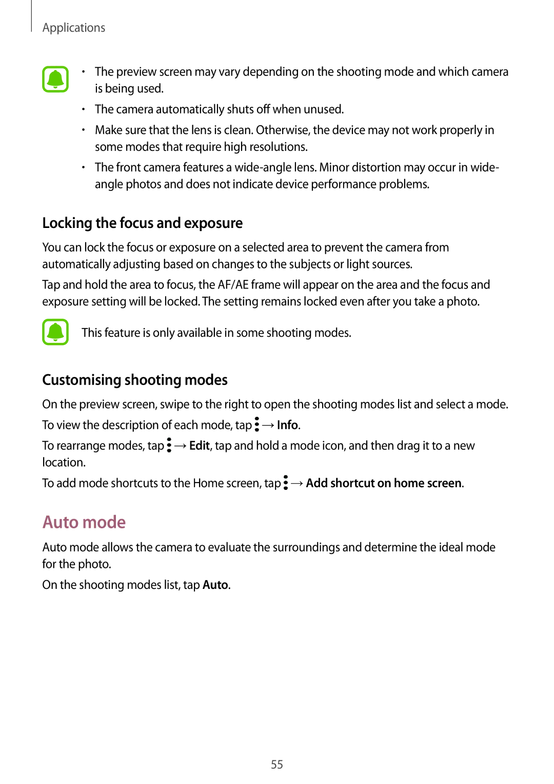 Samsung SM-T580NZKANEE, SM-T580NZKADBT manual Auto mode, Locking the focus and exposure, Customising shooting modes 