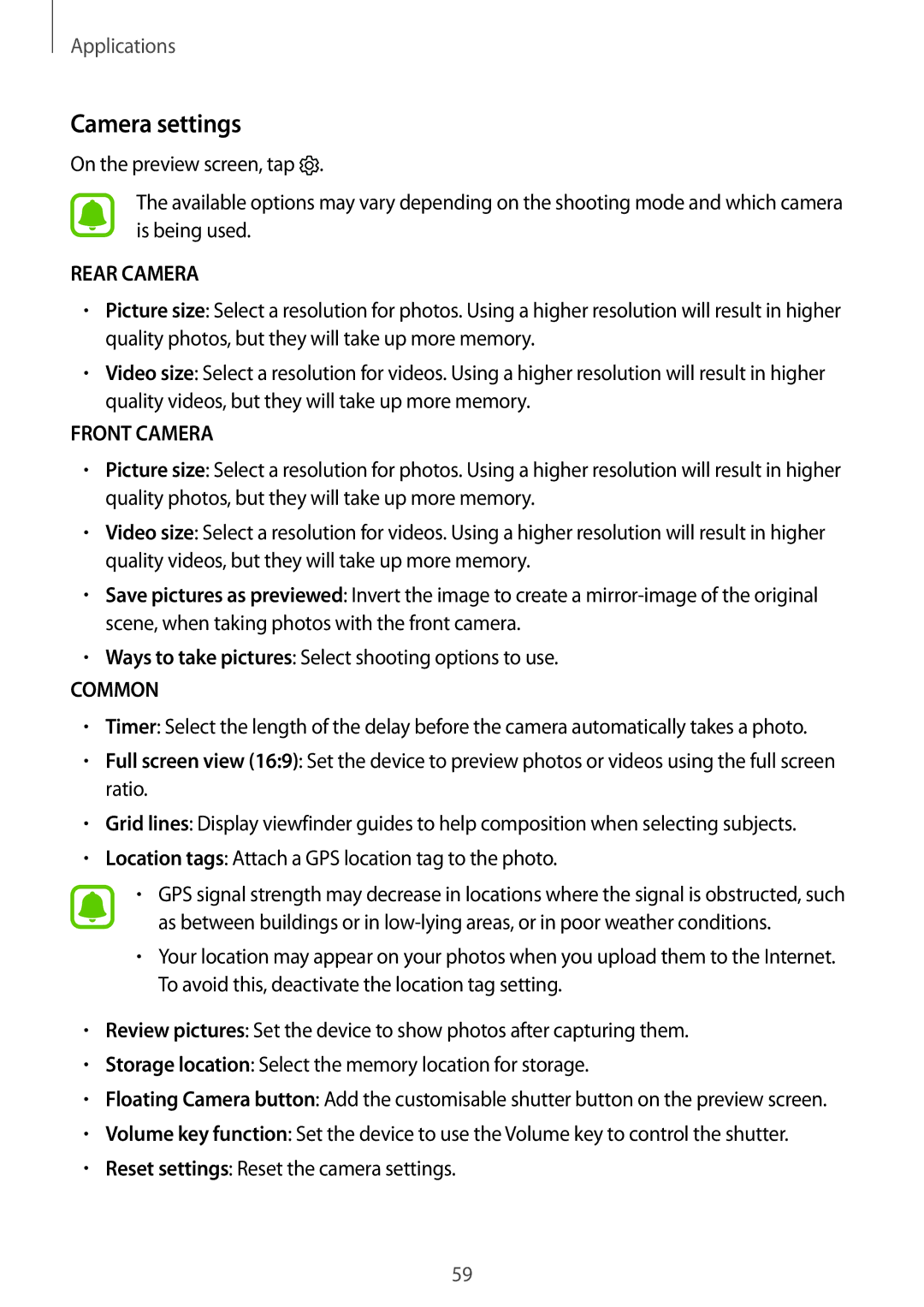 Samsung SM-T580NZWAEUR, SM-T580NZKADBT, SM-T580NZWADBT, SM-T580NZKEDBT, SM-T580NZWEDBT manual Camera settings, Rear Camera 