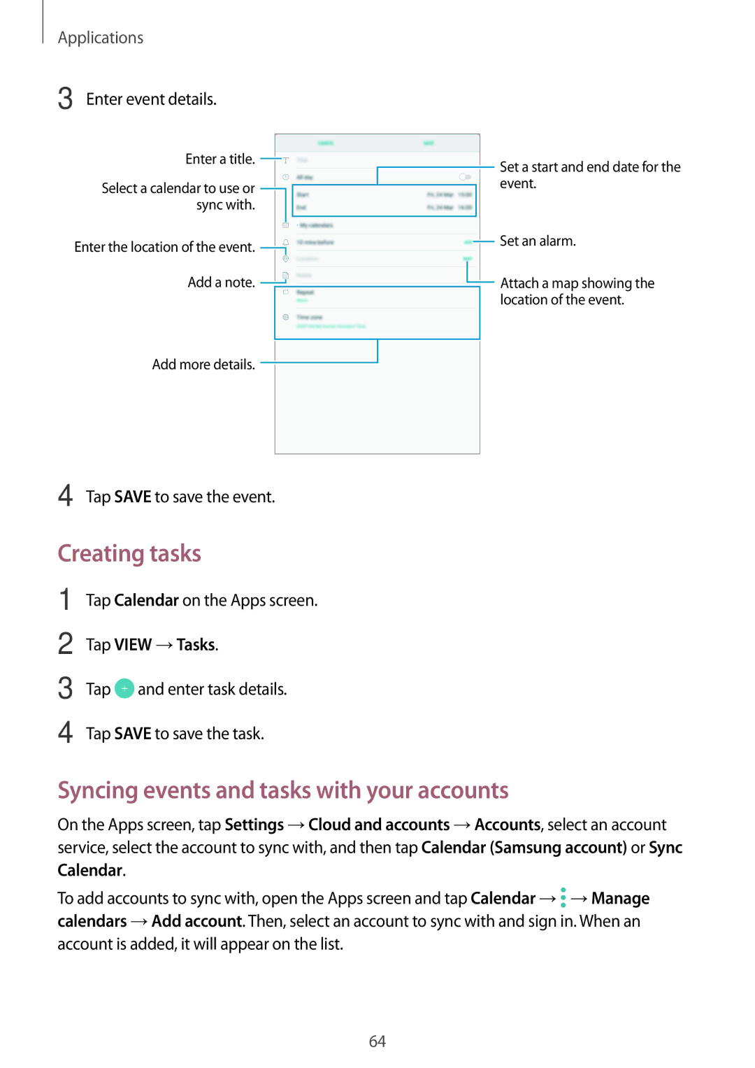 Samsung SM-T580NZKASER, SM-T580NZKADBT manual Creating tasks, Syncing events and tasks with your accounts, Tap View →Tasks 