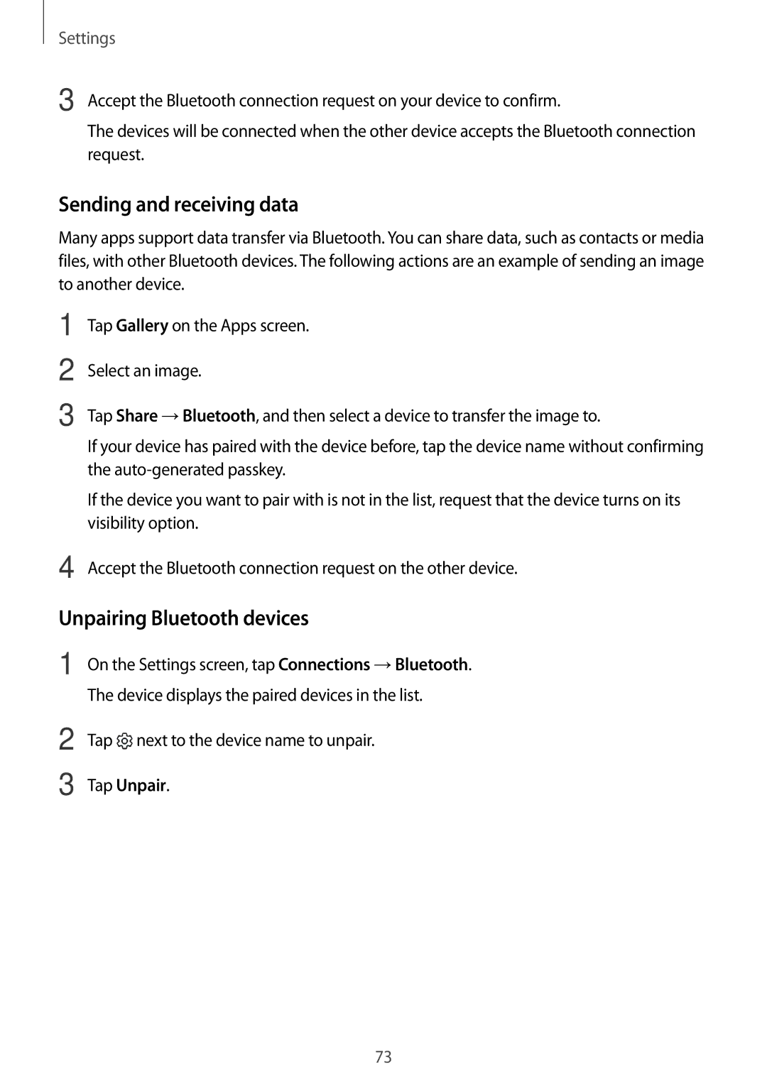 Samsung SM-T580NZAEXEF, SM-T580NZKADBT, SM-T580NZWADBT Sending and receiving data, Unpairing Bluetooth devices, Tap Unpair 