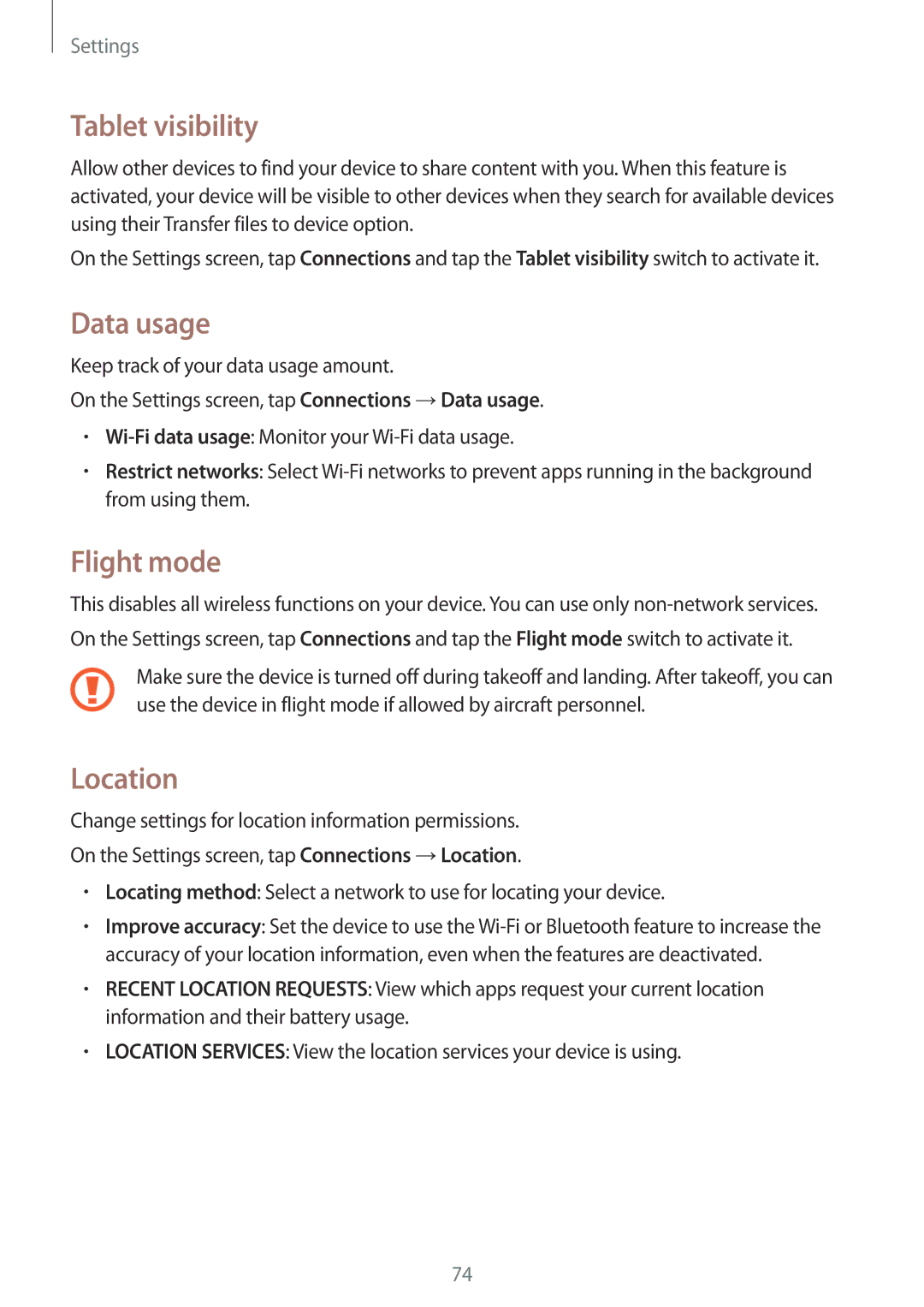 Samsung SM-T580NZWEXEF, SM-T580NZKADBT, SM-T580NZWADBT, SM-T580NZKEDBT Tablet visibility, Data usage, Flight mode, Location 