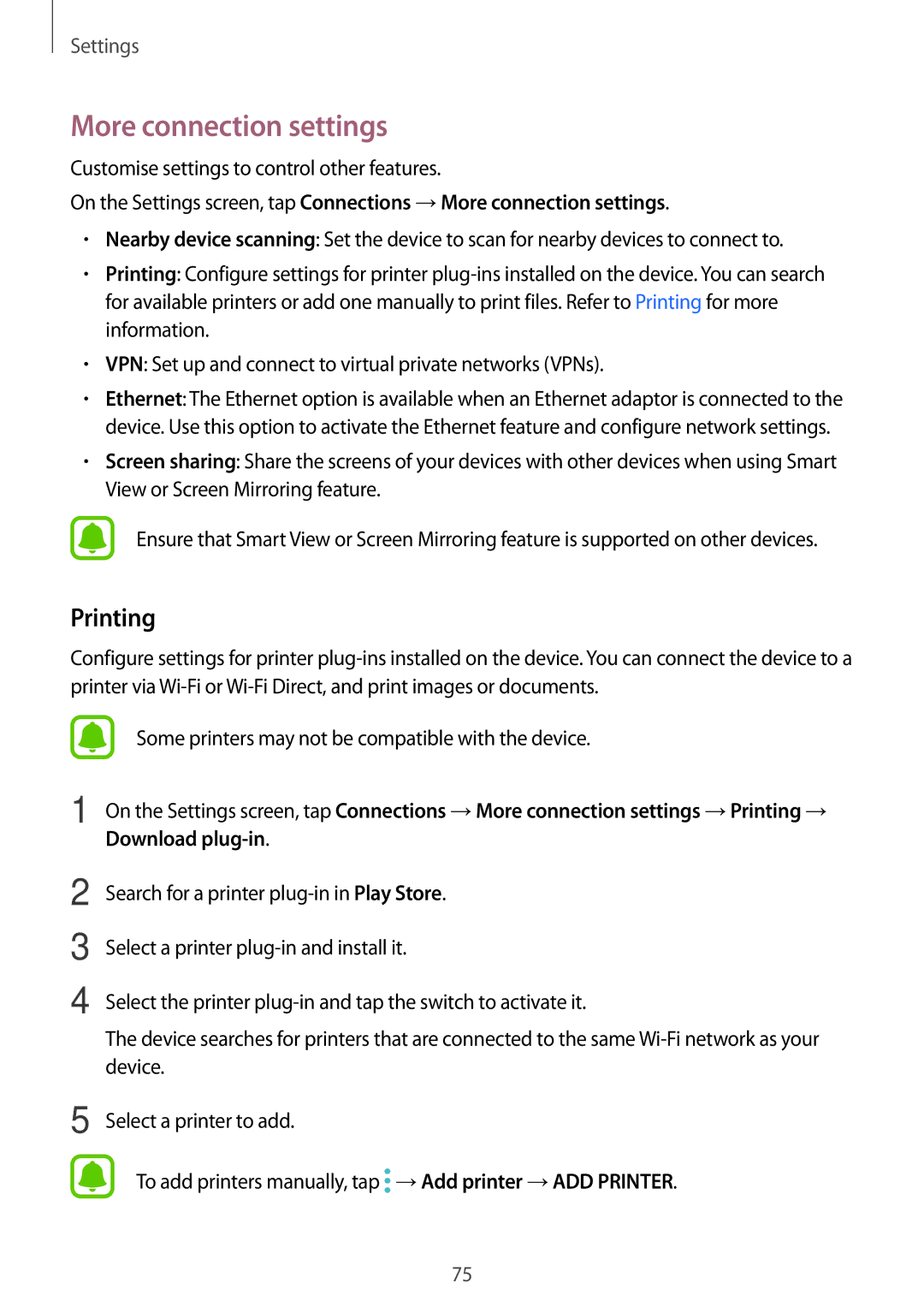 Samsung SM-T580NZWAITV, SM-T580NZKADBT, SM-T580NZWADBT, SM-T580NZKEDBT, SM-T580NZWEDBT More connection settings, Printing 