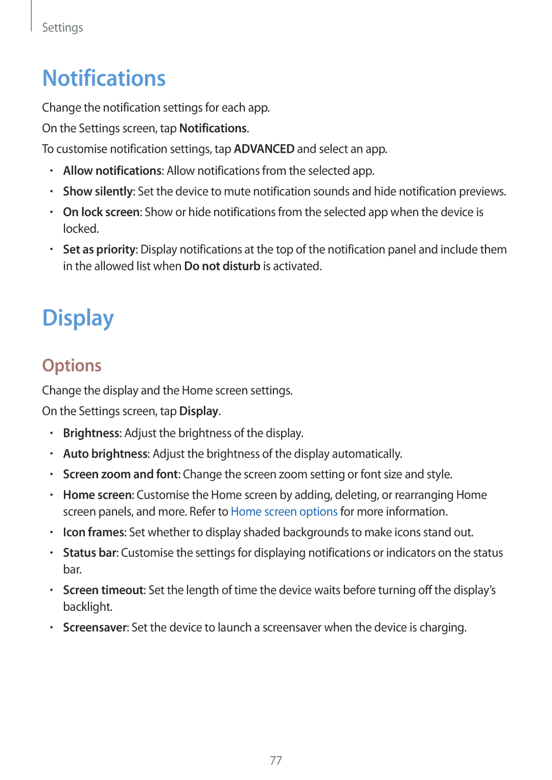 Samsung SM-T580NZWEPHE, SM-T580NZKADBT, SM-T580NZWADBT, SM-T580NZKEDBT, SM-T580NZWEDBT manual Notifications, Display, Options 